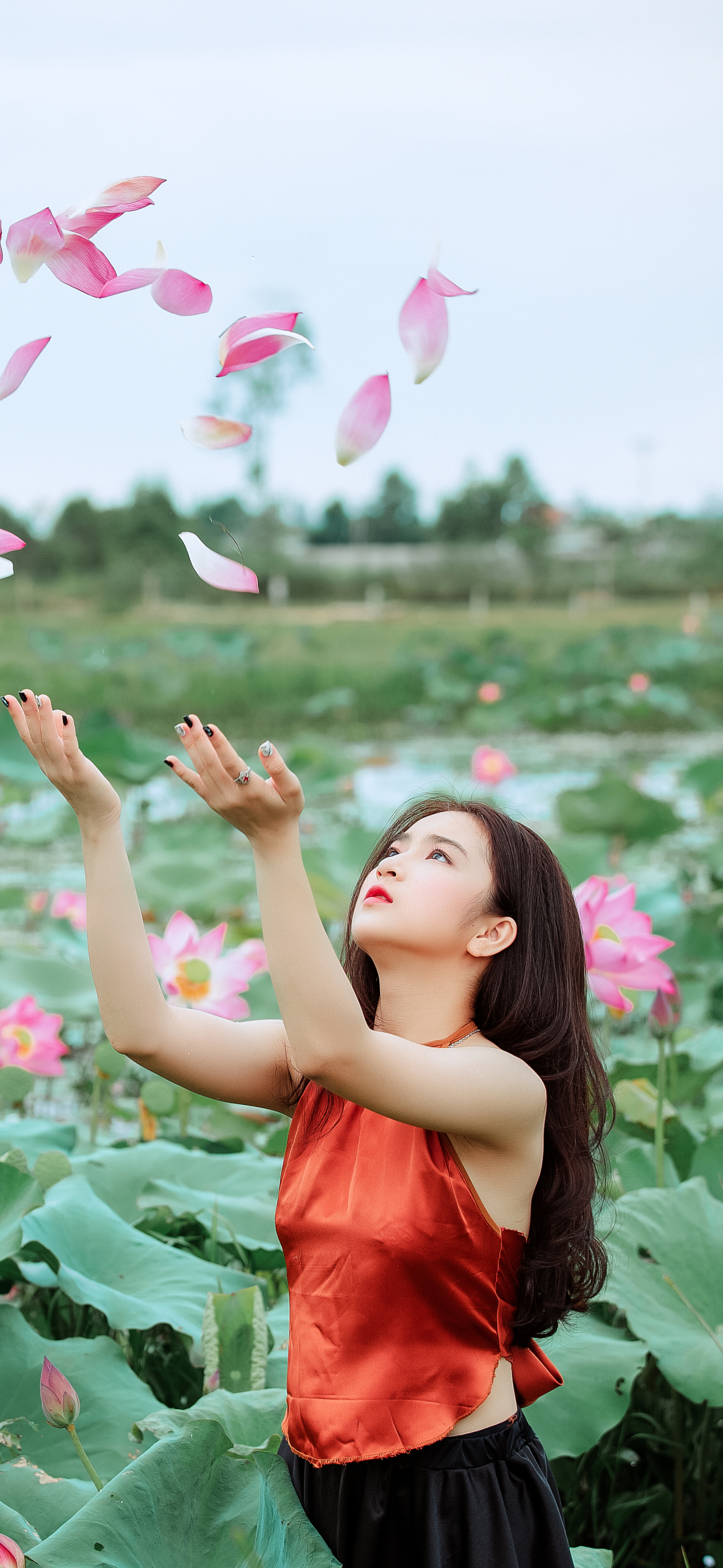 Download mobile wallpaper Lotus, Brunette, Model, Women, Asian, Long Hair, Lipstick, Depth Of Field for free.