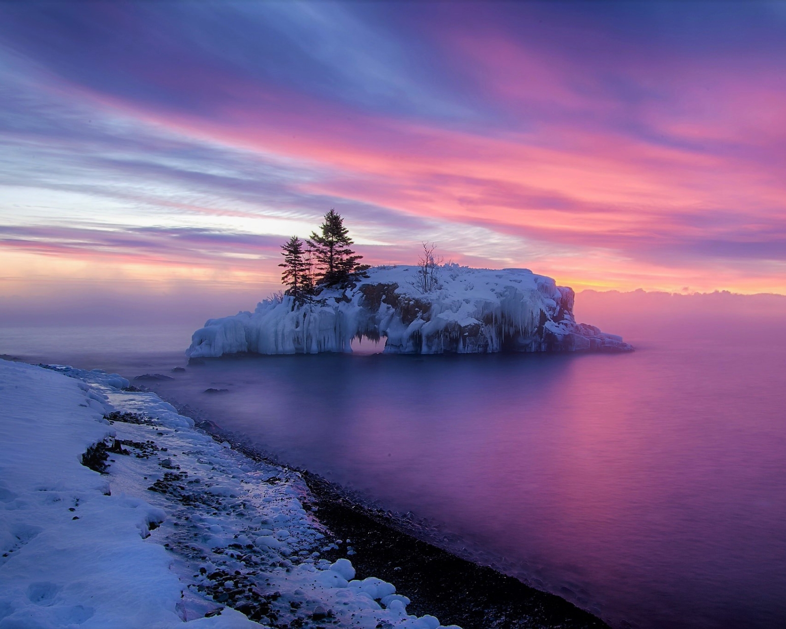 Download mobile wallpaper Winter, Sunset, Sea, Snow, Tree, Ocean, Earth, Island, Frozen for free.