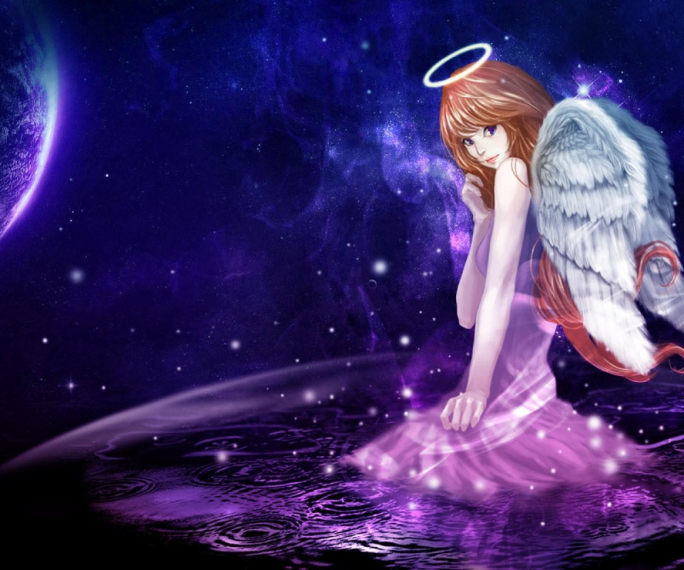 Download mobile wallpaper Fantasy, Space, Purple, Wings, Angel for free.