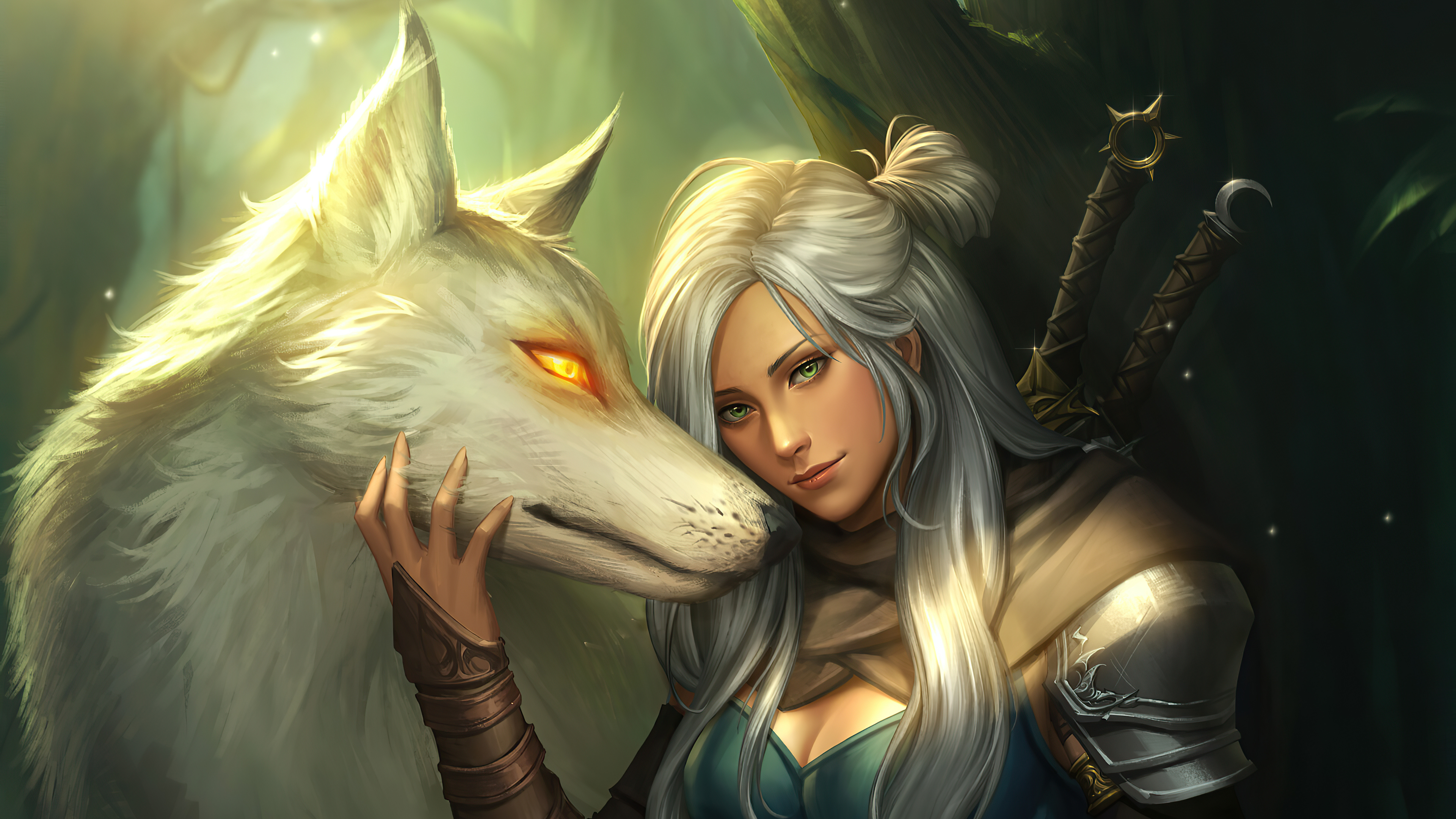 Free download wallpaper Fantasy, Wolf, Women Warrior, White Hair, Woman Warrior on your PC desktop