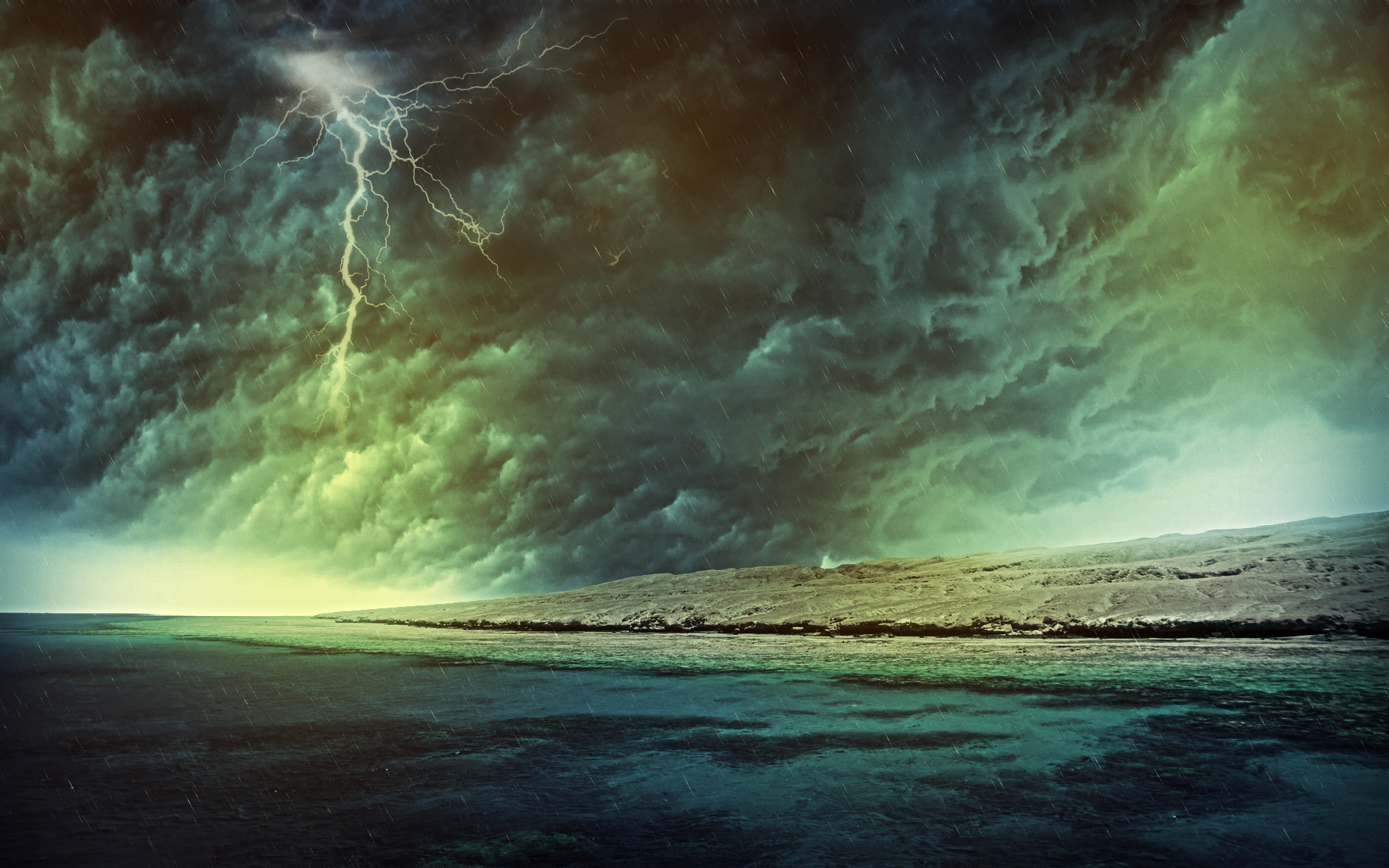 storm, artistic, nature, beach, cloud, earth, lightning, ocean, rain, sea, sky