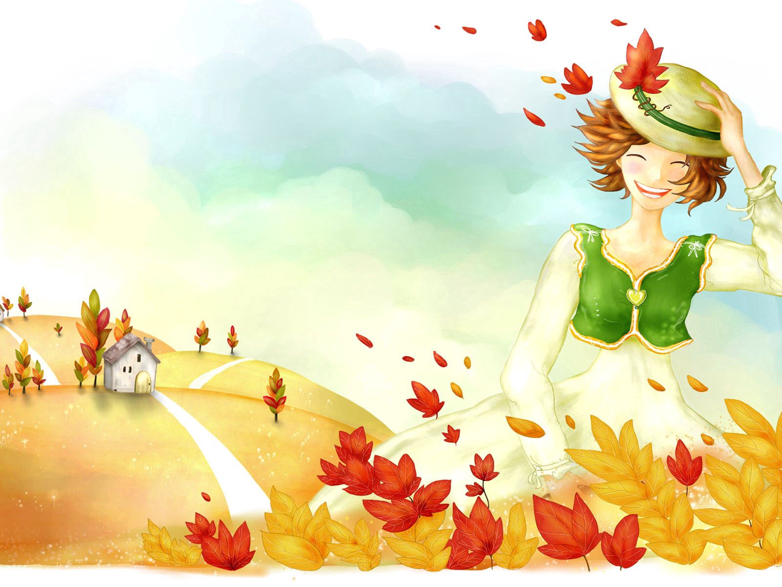 autumn, miscellaneous, trees, leaves, rain, miscellanea, picture, drawing, house, girl