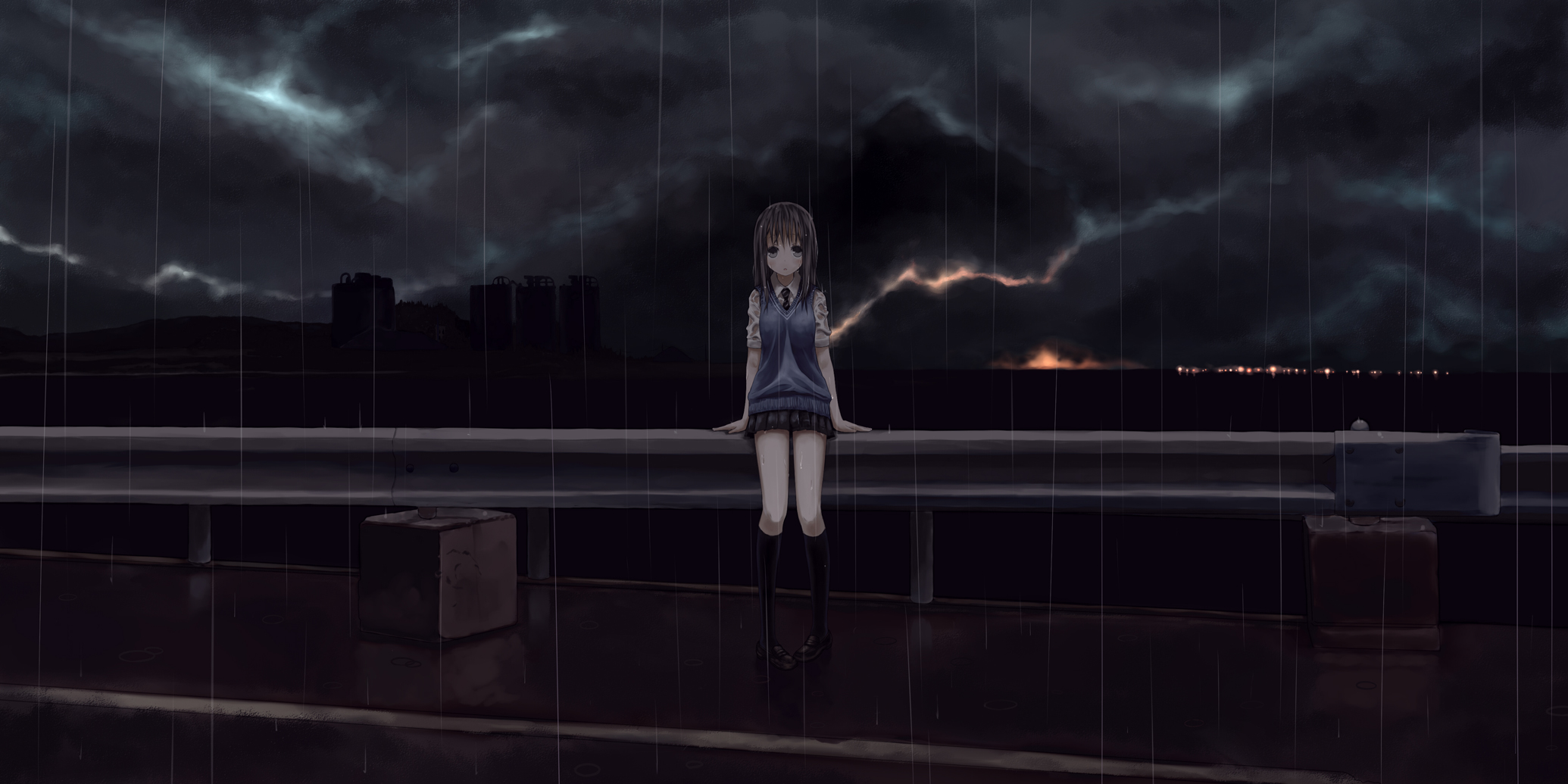 Free download wallpaper Anime, Rain, Road, Girl, School Uniform on your PC desktop