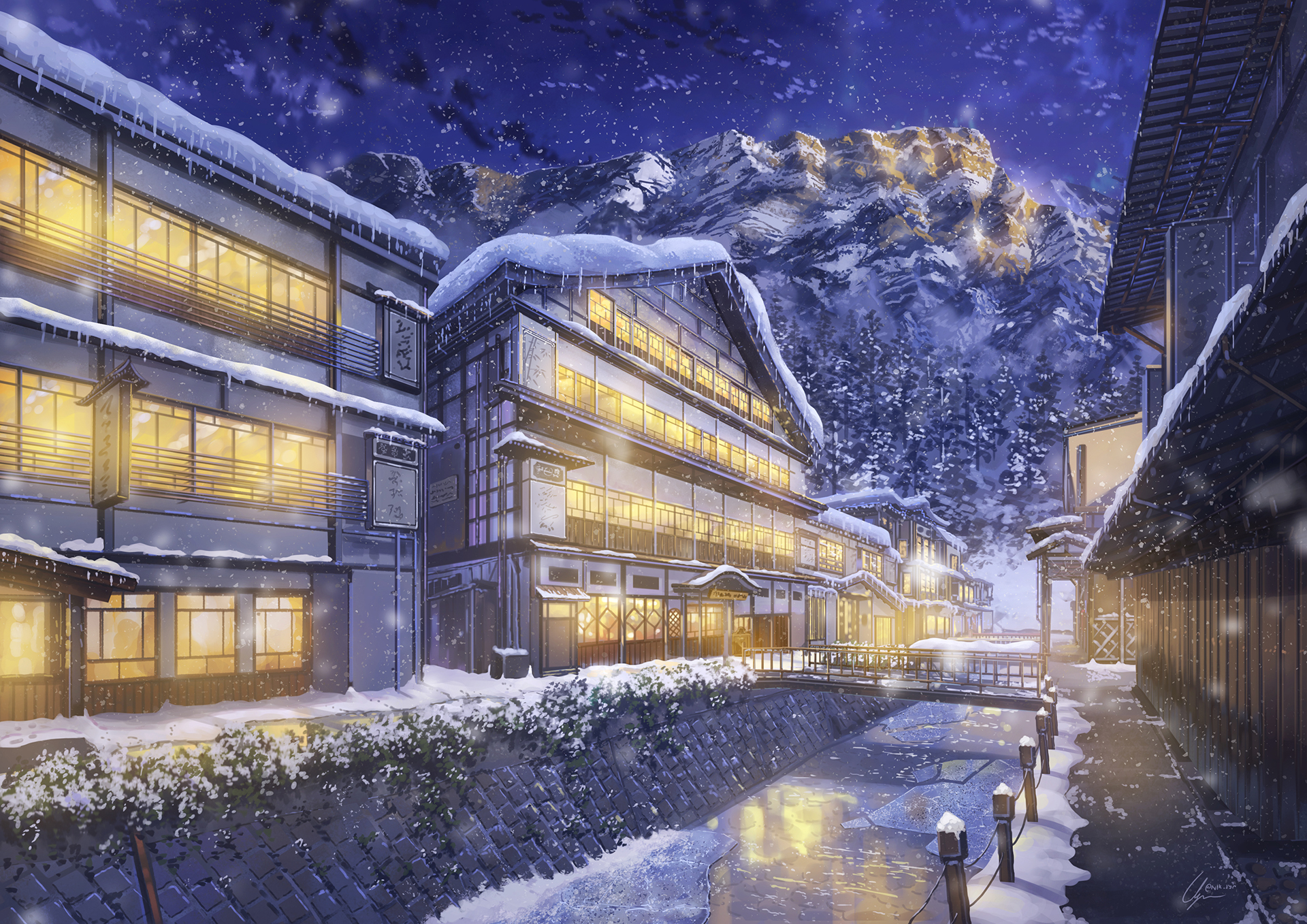Free download wallpaper Anime, Winter, Snow, Building, House, Town, Snowfall, Original on your PC desktop