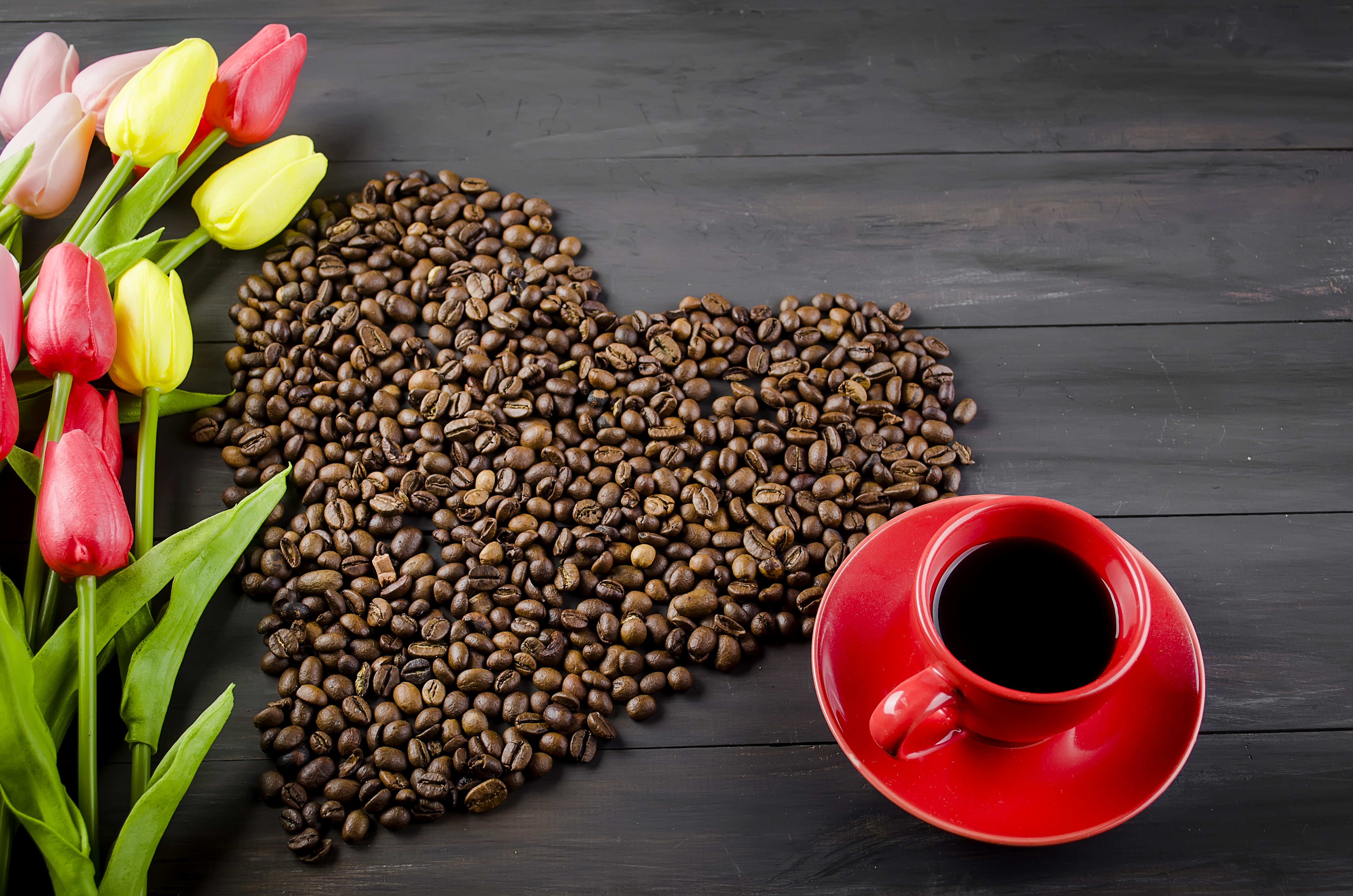 Download mobile wallpaper Food, Coffee, Still Life, Cup, Tulip, Coffee Beans, Heart Shaped for free.