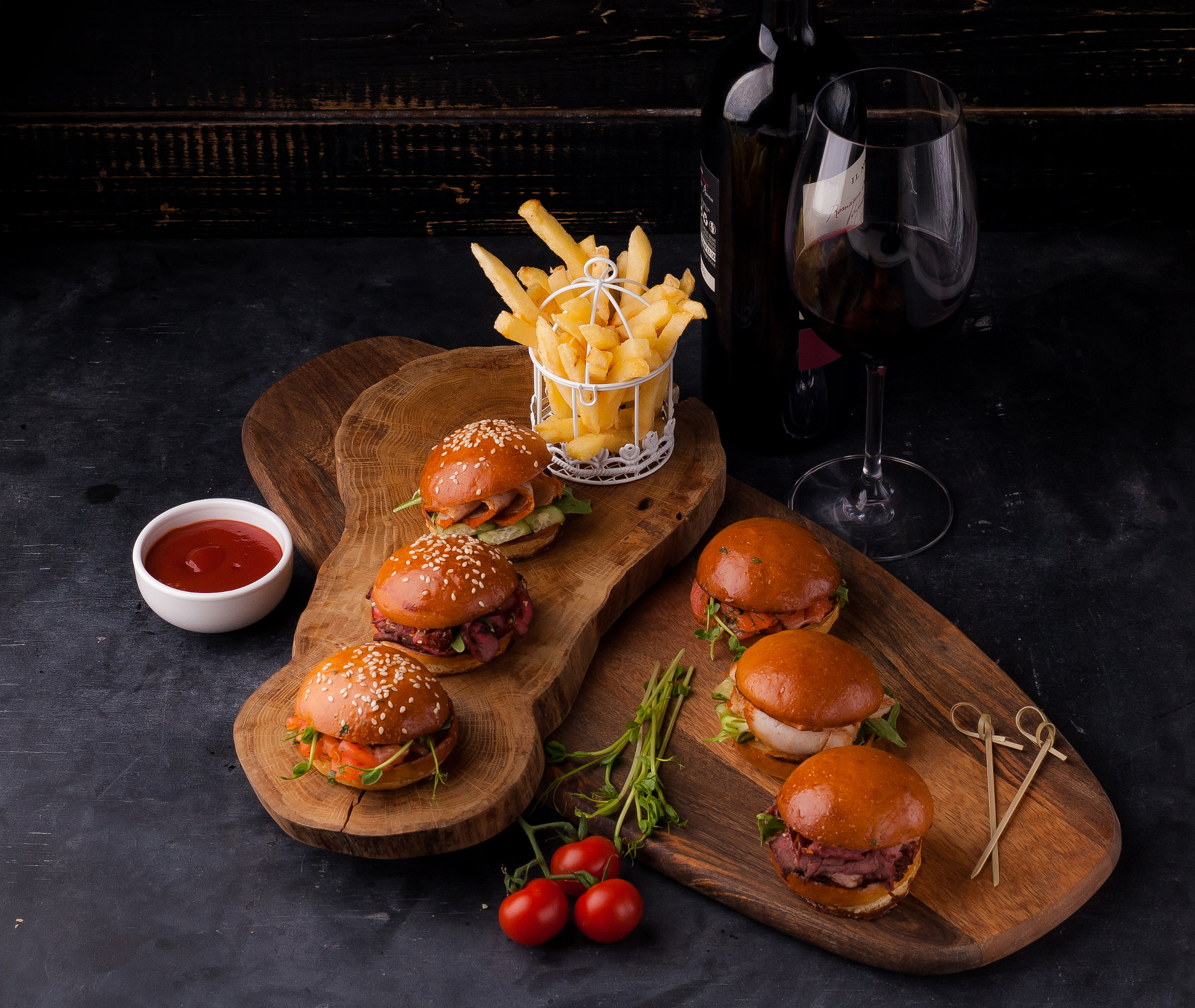 Download mobile wallpaper Food, Still Life, Tomato, Burger, French Fries, Wine for free.