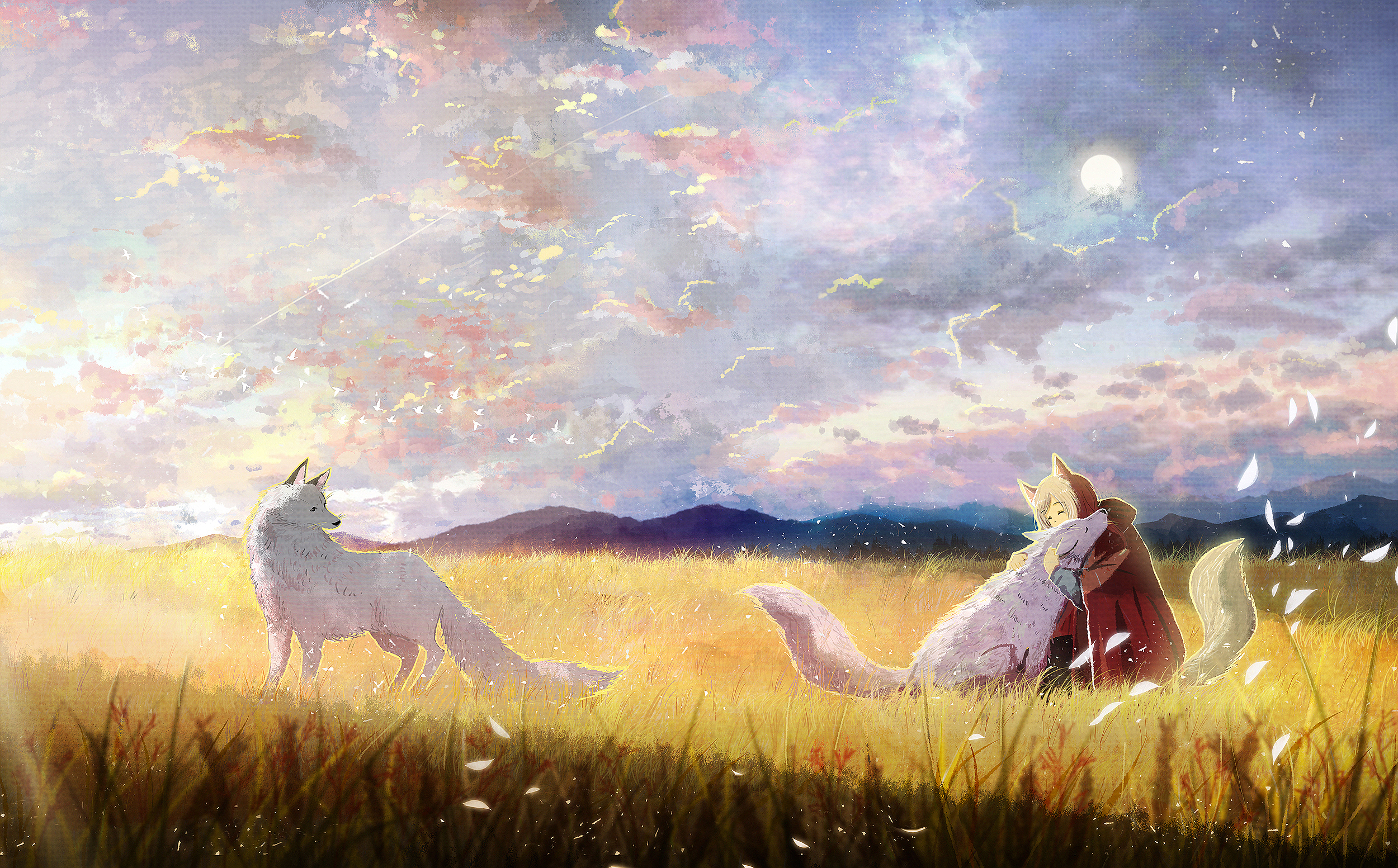 Download mobile wallpaper Anime, Field, Wolf, Cloud, Original for free.
