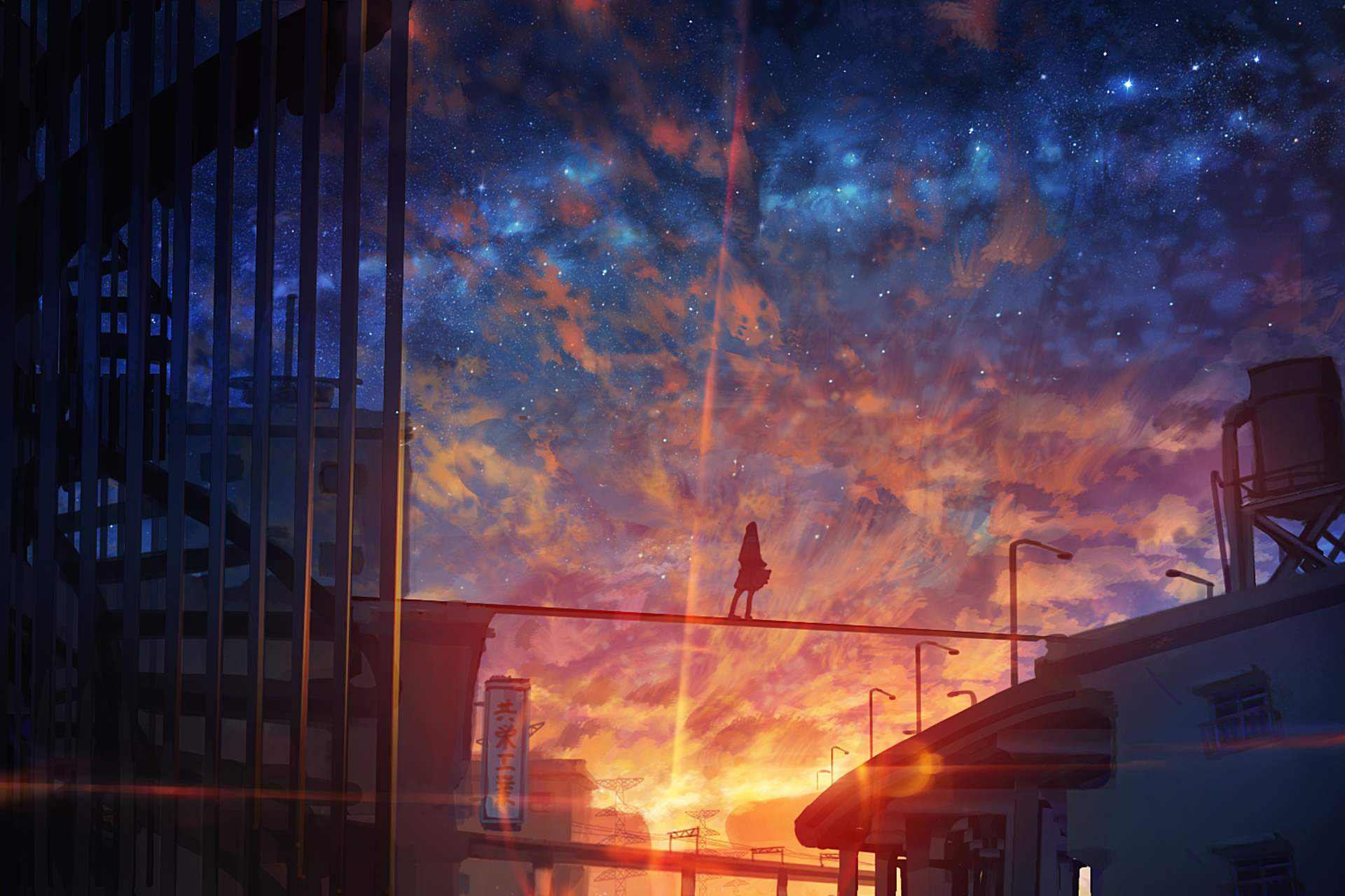 Baixar papel de parede para celular de Anime, Pôr Do Sol, Céu Estrelado, Original gratuito.