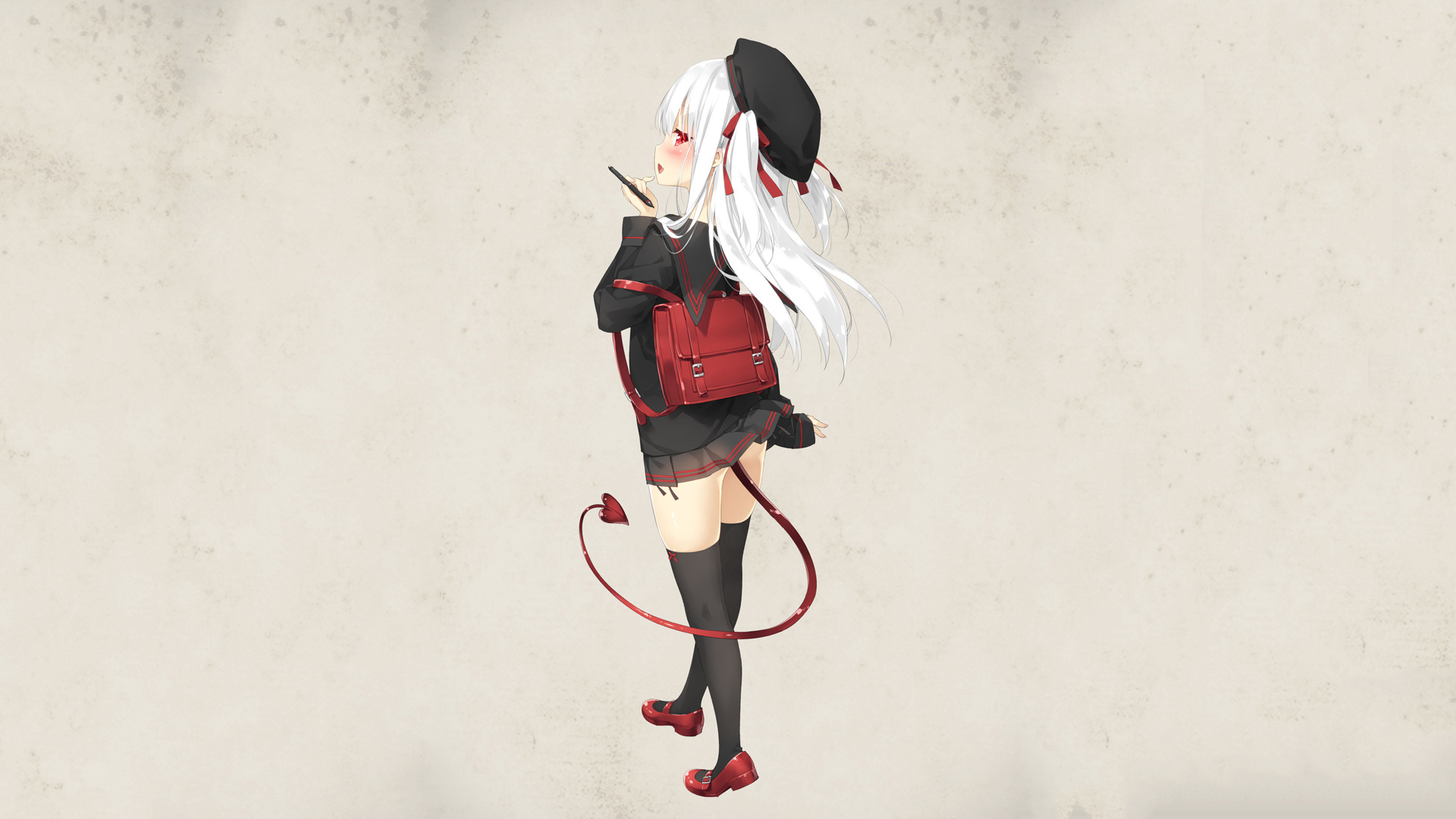 Download mobile wallpaper Anime, Bag, Tail, Hat, Original, School Uniform, Red Eyes, Thigh Highs, White Hair for free.