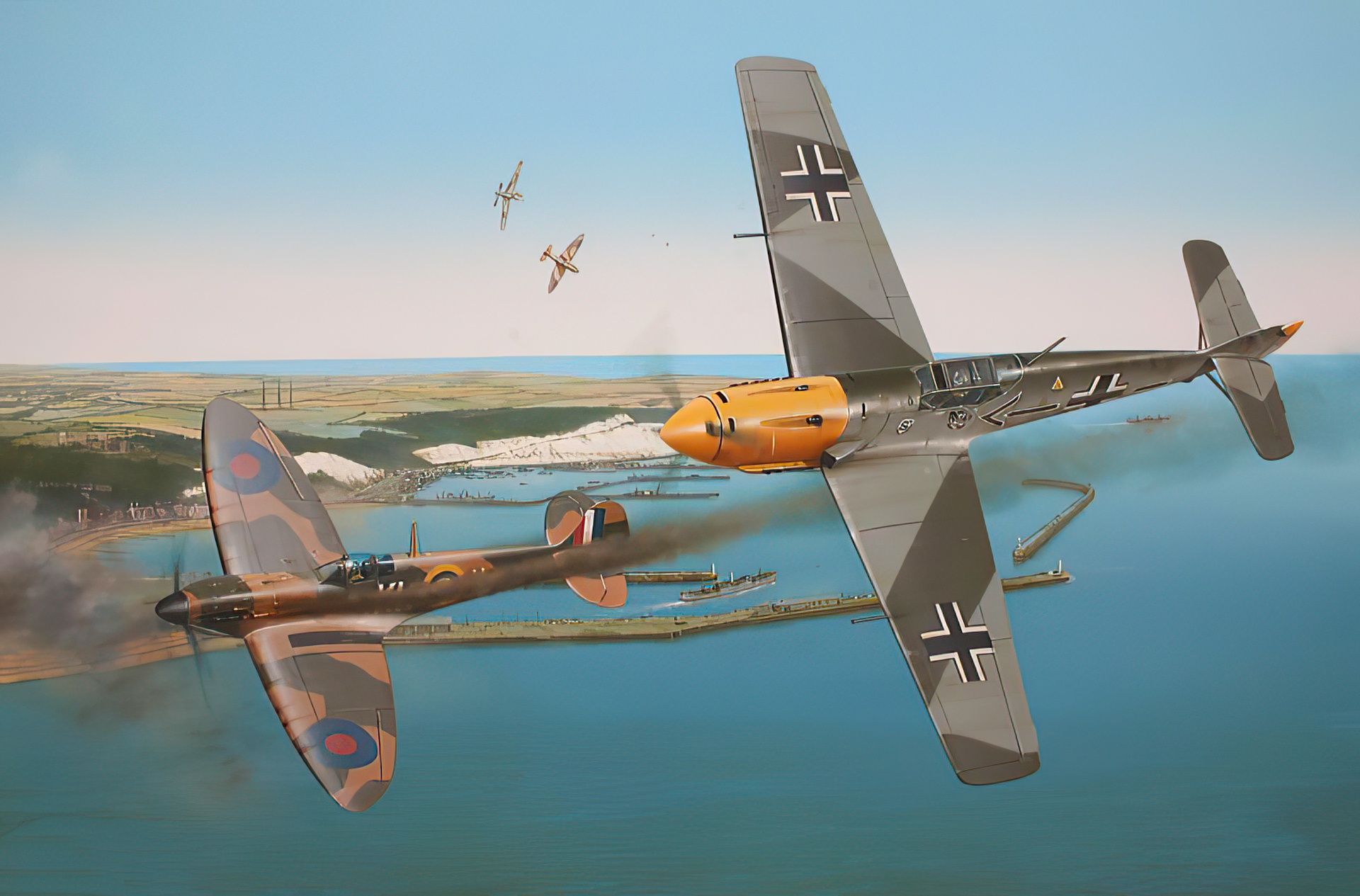 Laden Sie das Flugzeuge, Militär, Kampfflugzeug, Supermarine Spitfire, Messerschmitt Bf109, Militärflugzeug-Bild kostenlos auf Ihren PC-Desktop herunter