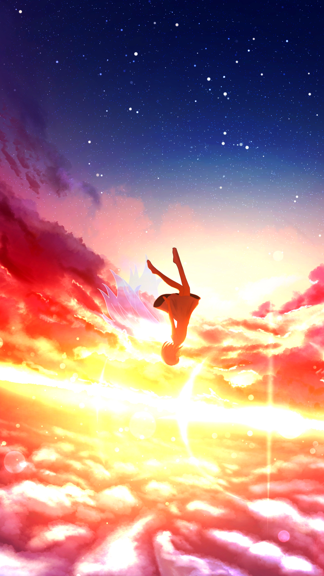 anime, sunset, falling, cloud, sky