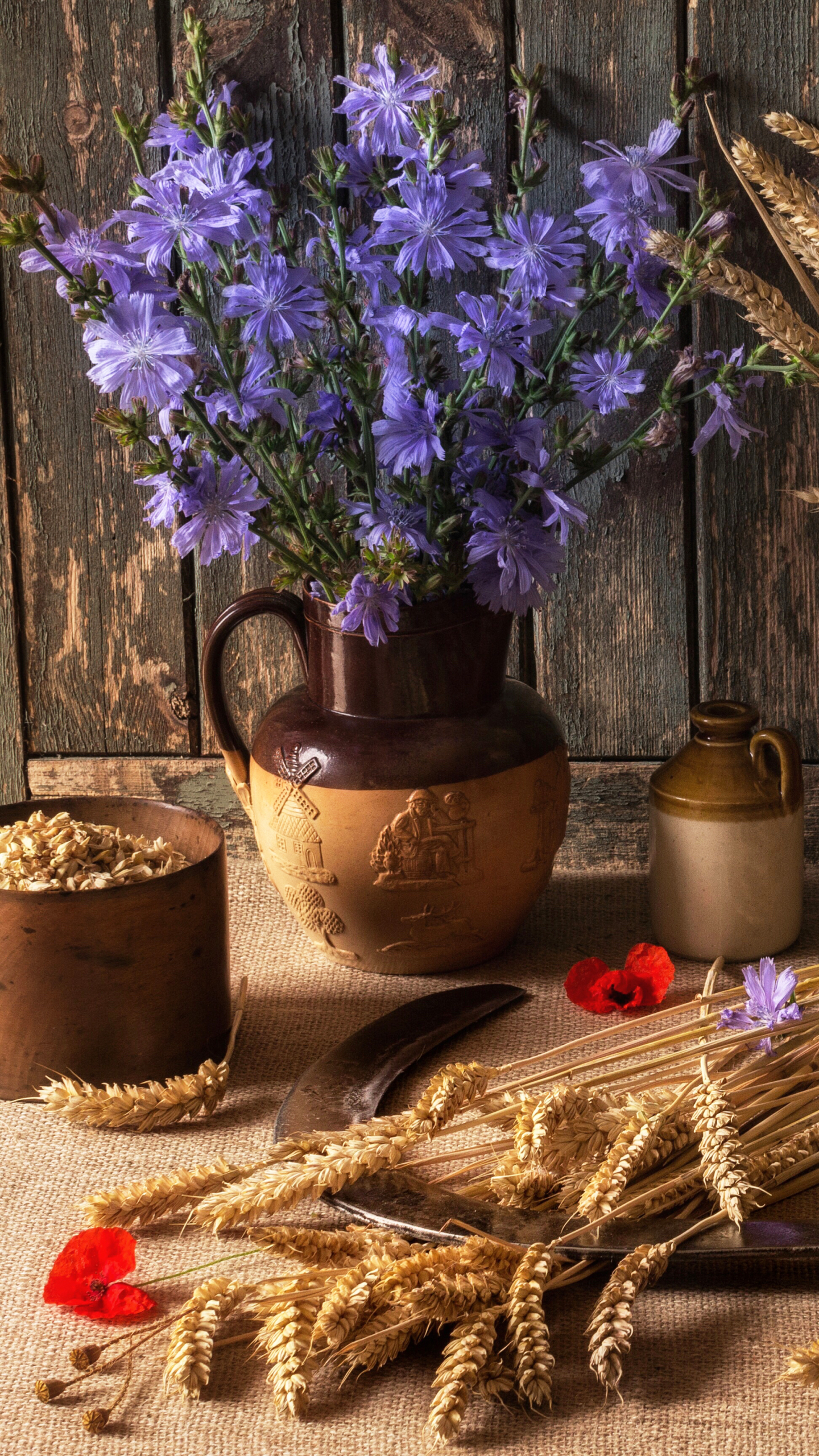 Download mobile wallpaper Wheat, Still Life, Flower, Photography, Purple Flower for free.