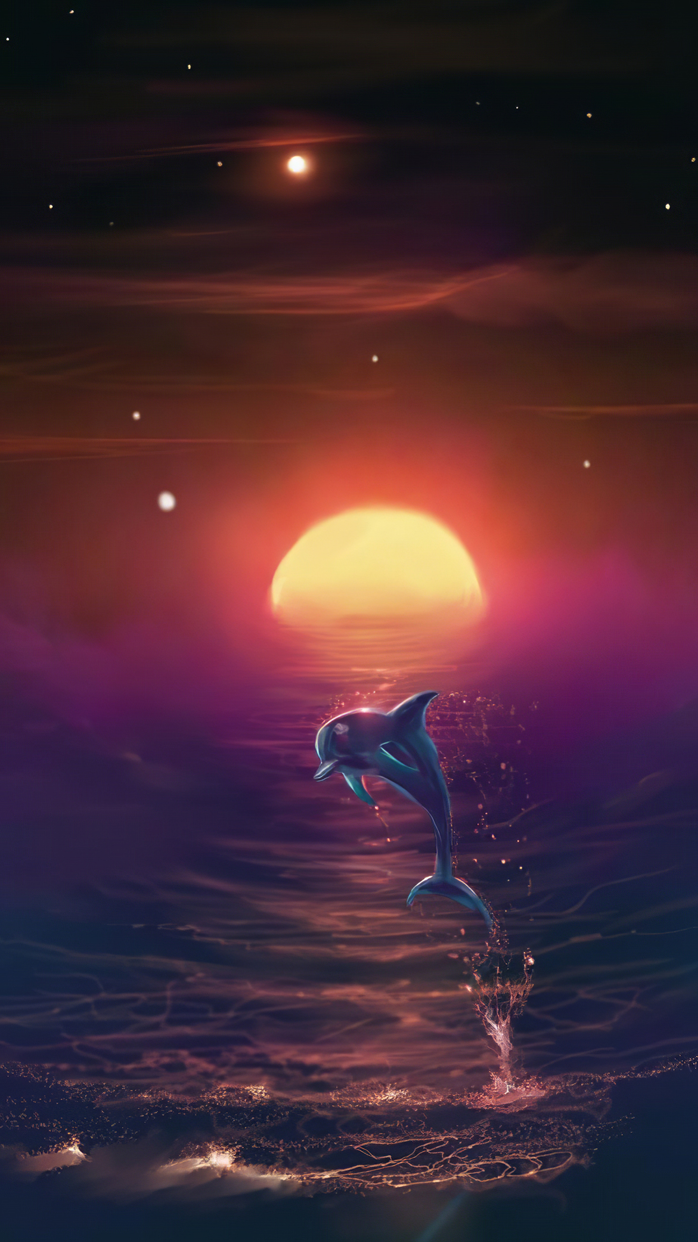 Download mobile wallpaper Fantasy, Sunset, Horizon, Ocean, Animal, Dolphin, Fantasy Animals for free.