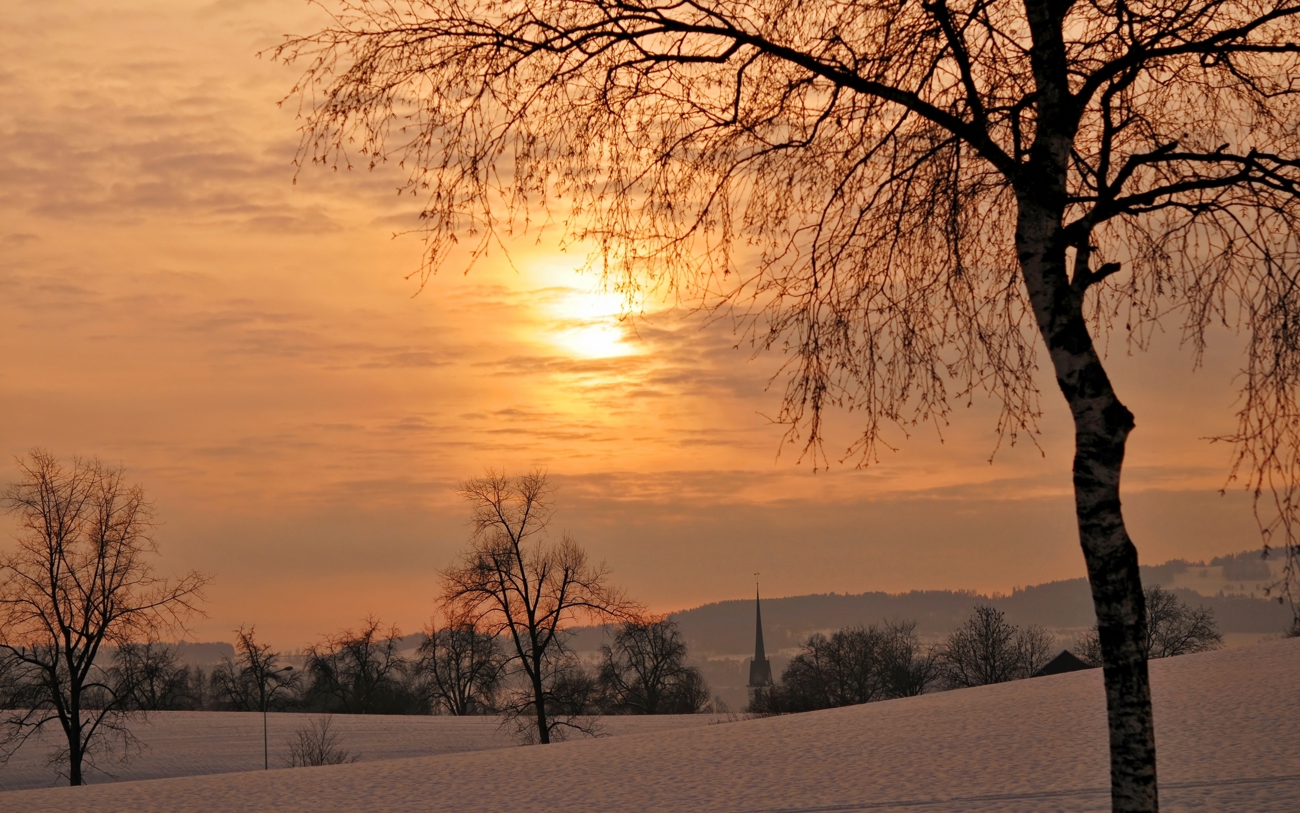 26579 Hintergrundbild herunterladen landschaft, bäume, sunset, felder, schnee, orange - Bildschirmschoner und Bilder kostenlos