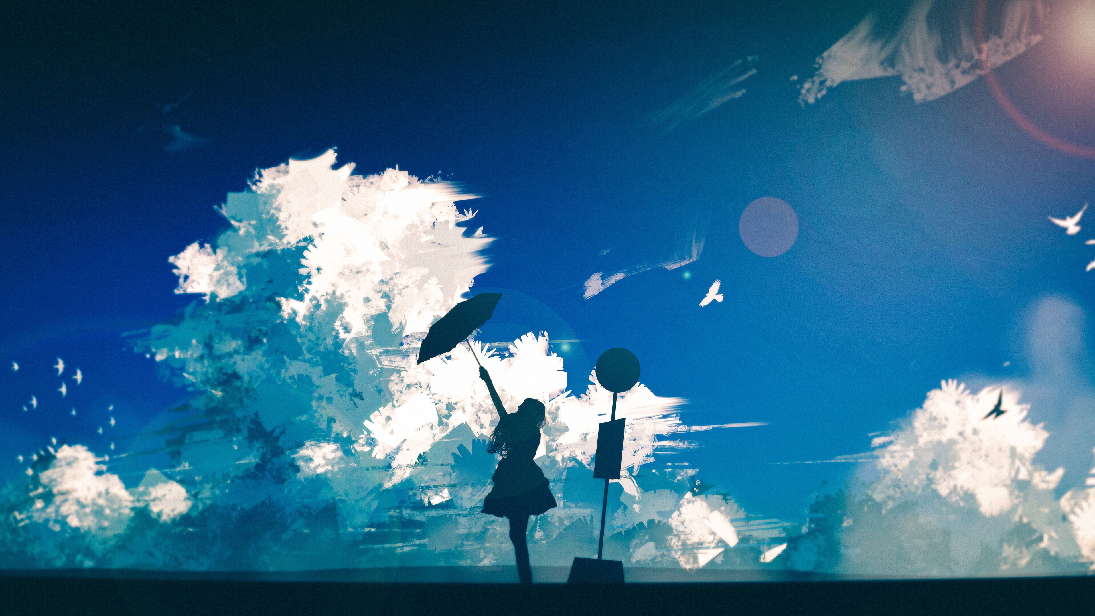 girl, art, clouds, silhouette, umbrella
