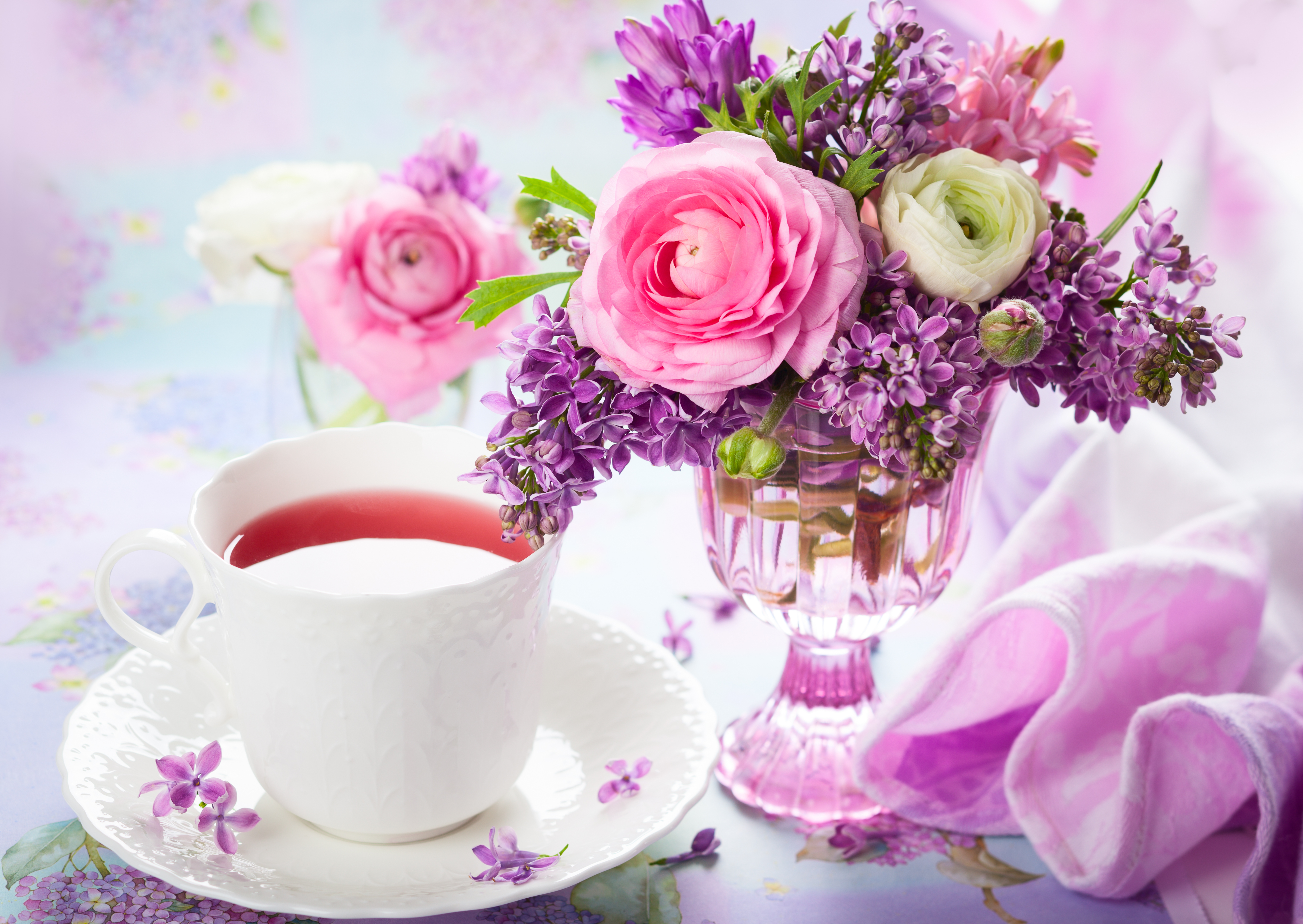 flower, cup, photography, still life, lilac, peony, pink flower, purple flower, ranuncula, spring, vase