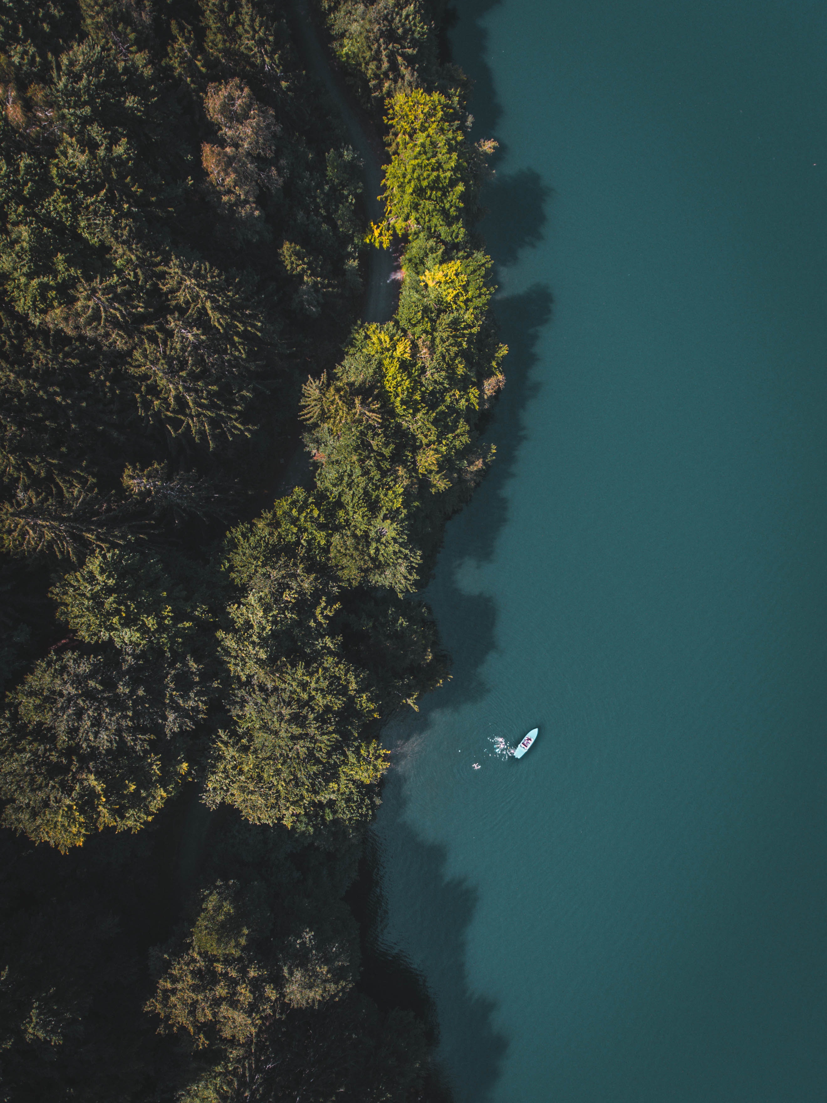 Download mobile wallpaper Nature, Trees, View From Above, Boat, Lake for free.