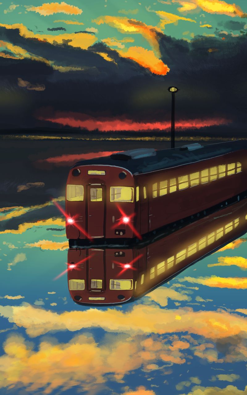 Download mobile wallpaper Anime, Water, Reflection, Cloud, Train, Original for free.