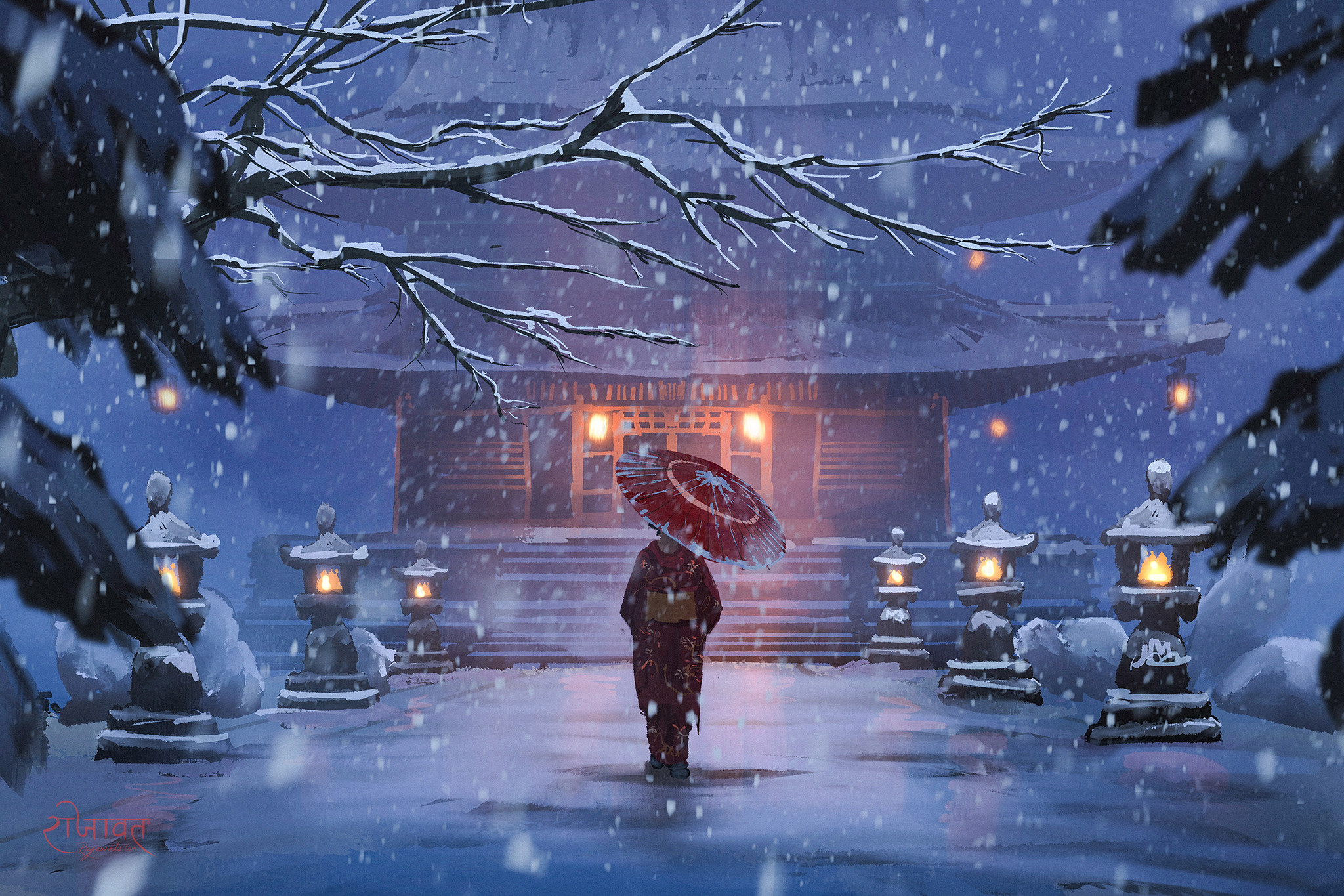 winter, anime, lantern, snow, umbrella