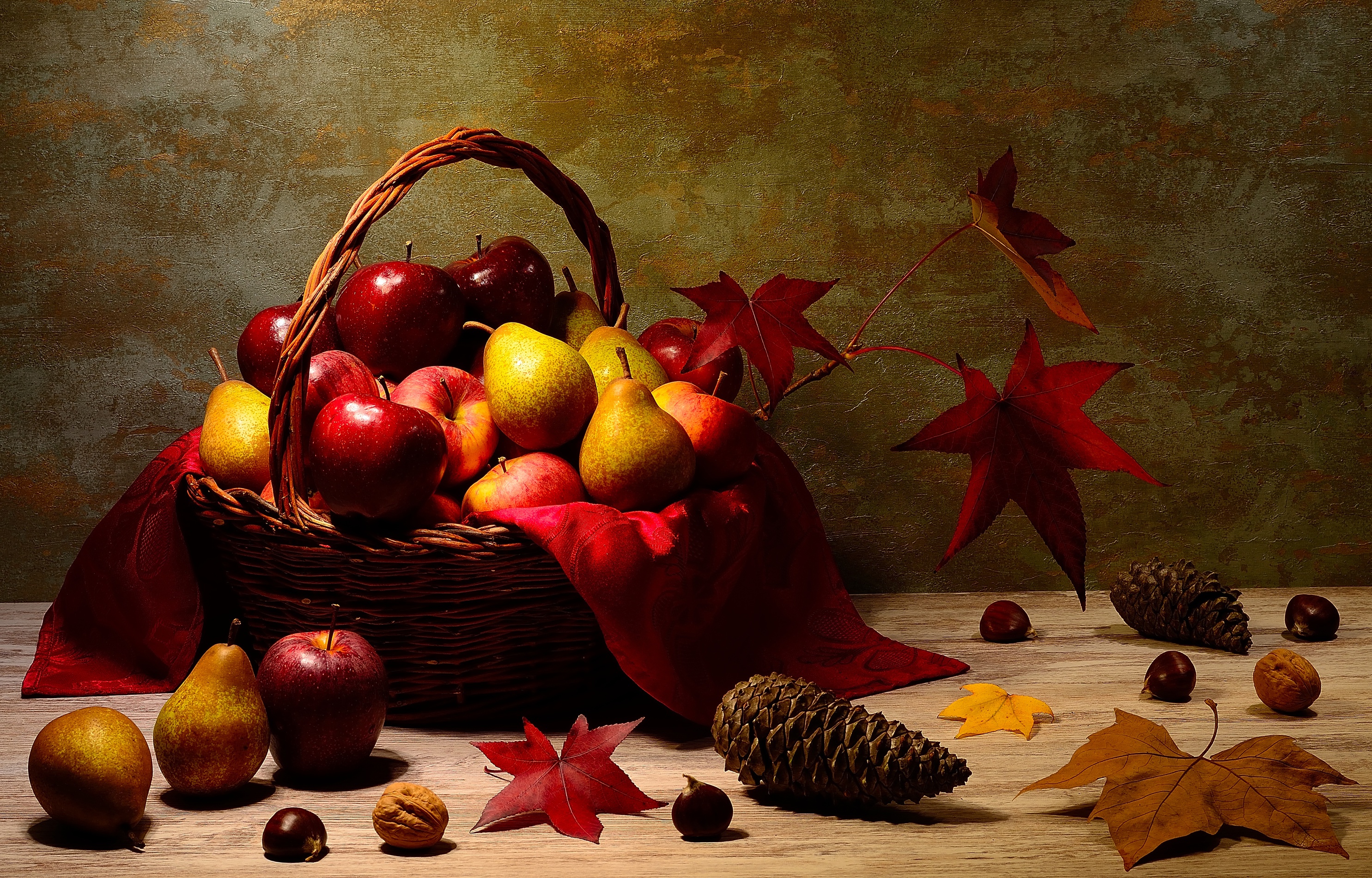 Download mobile wallpaper Fruits, Food, Apple, Still Life, Fall, Fruit, Basket, Pear for free.