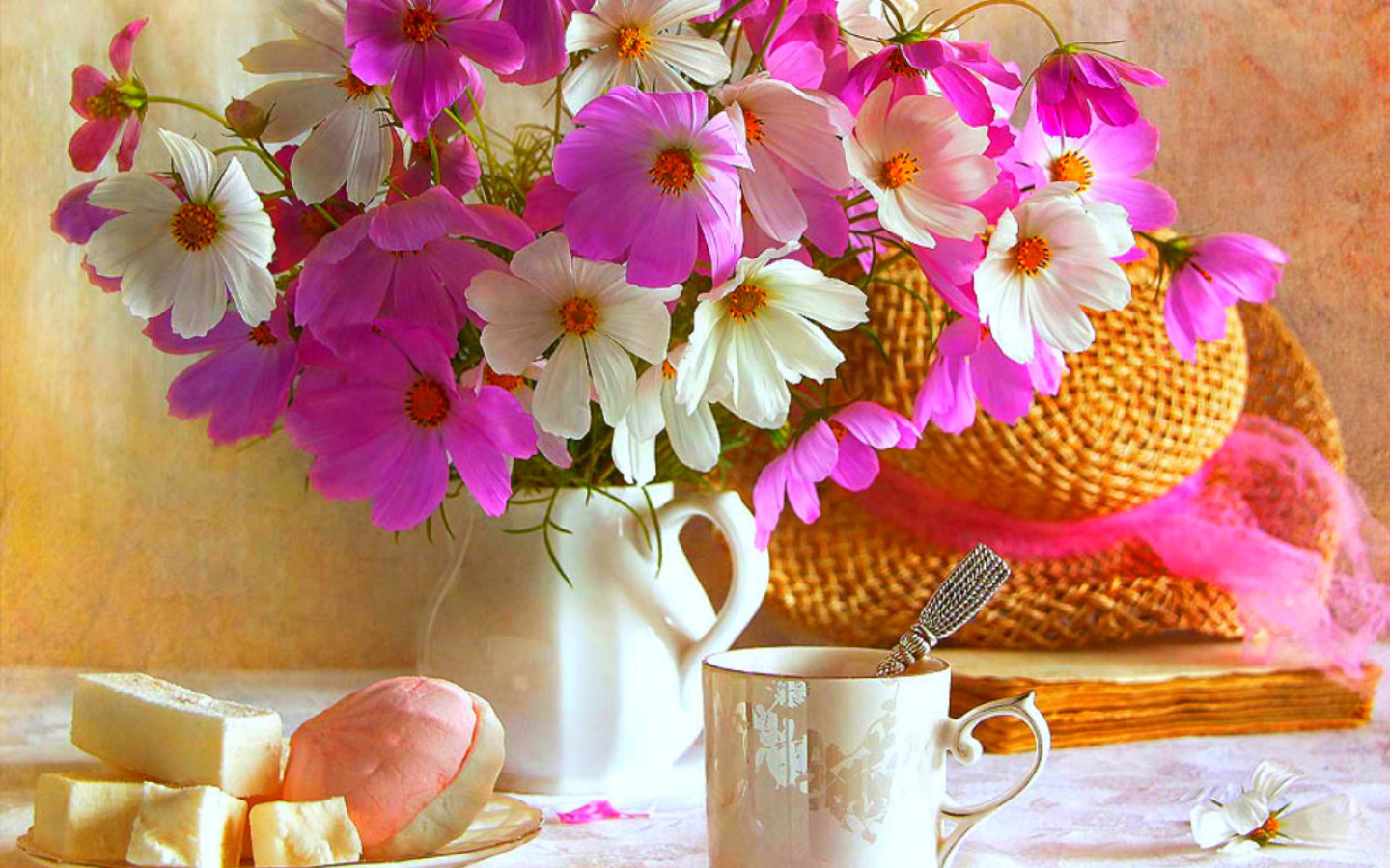 Download mobile wallpaper Still Life, Flower, Cosmos, Photography, White Flower, Pink Flower, Straw Hat for free.