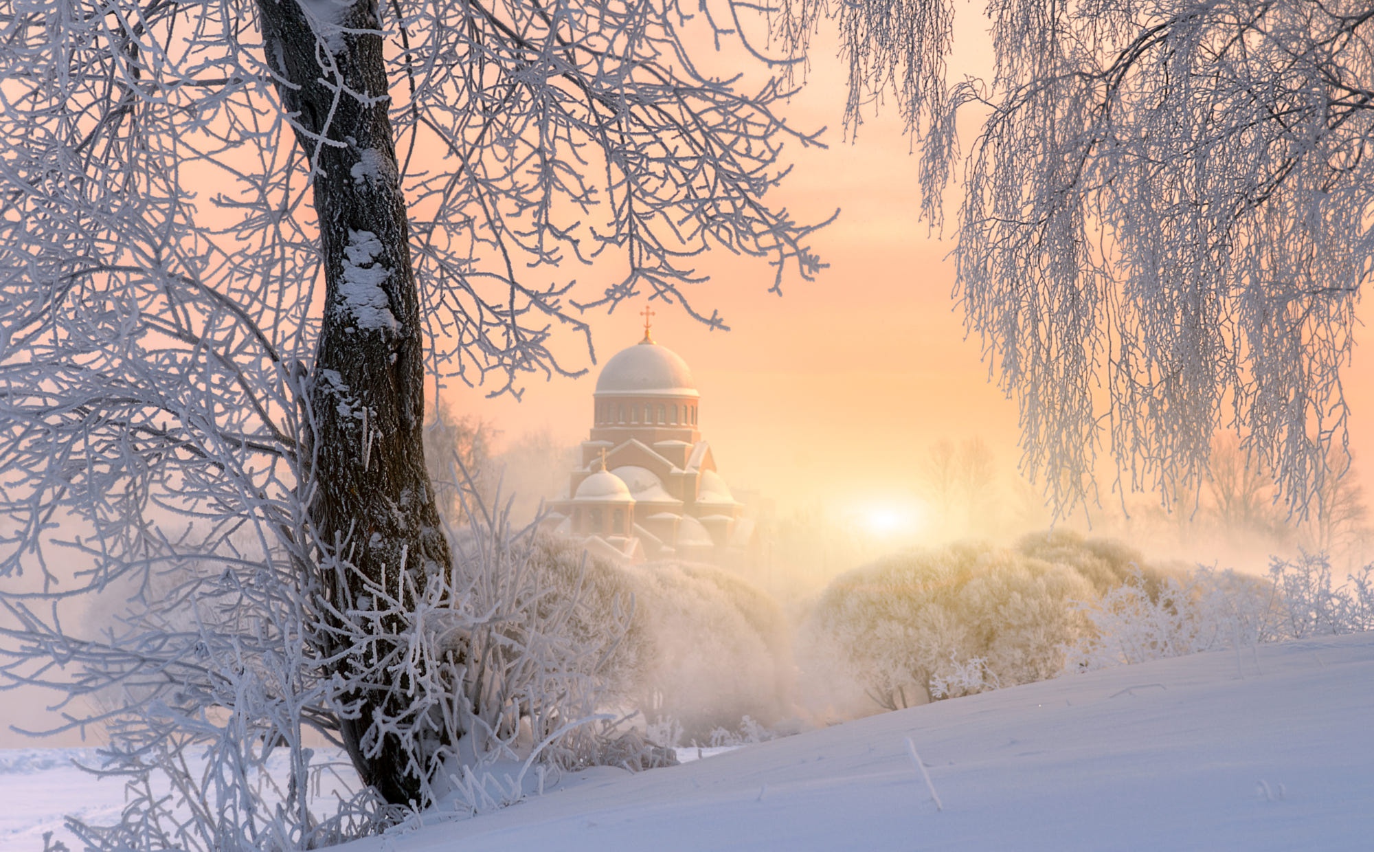 Download mobile wallpaper Winter, Snow, Dawn, Fog, Frost, Church, Churches, Religious for free.