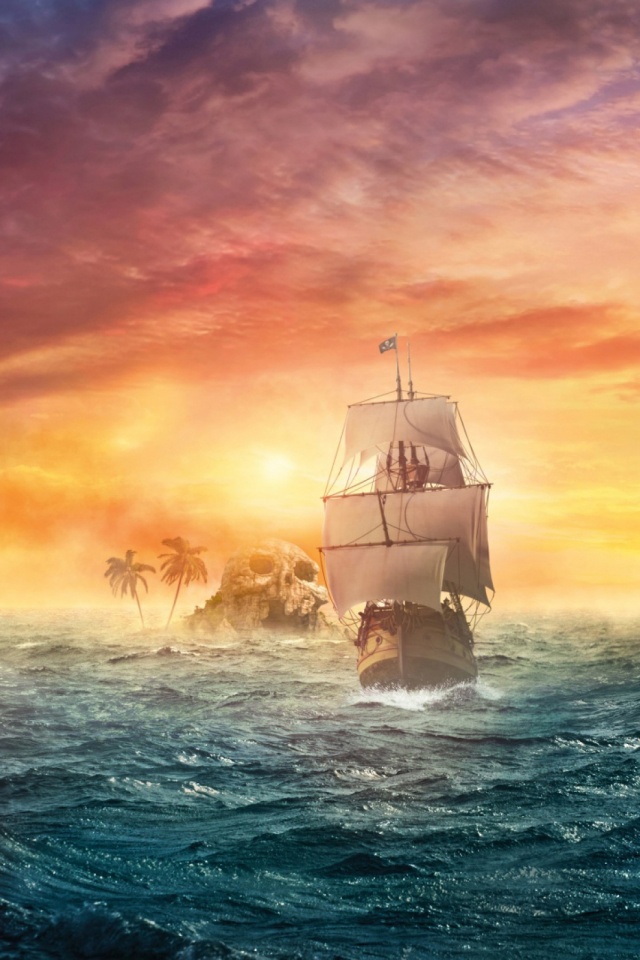 Download mobile wallpaper Water, Fantasy, Sunset, Sea, Island, Ship, Skull, Palm Tree for free.