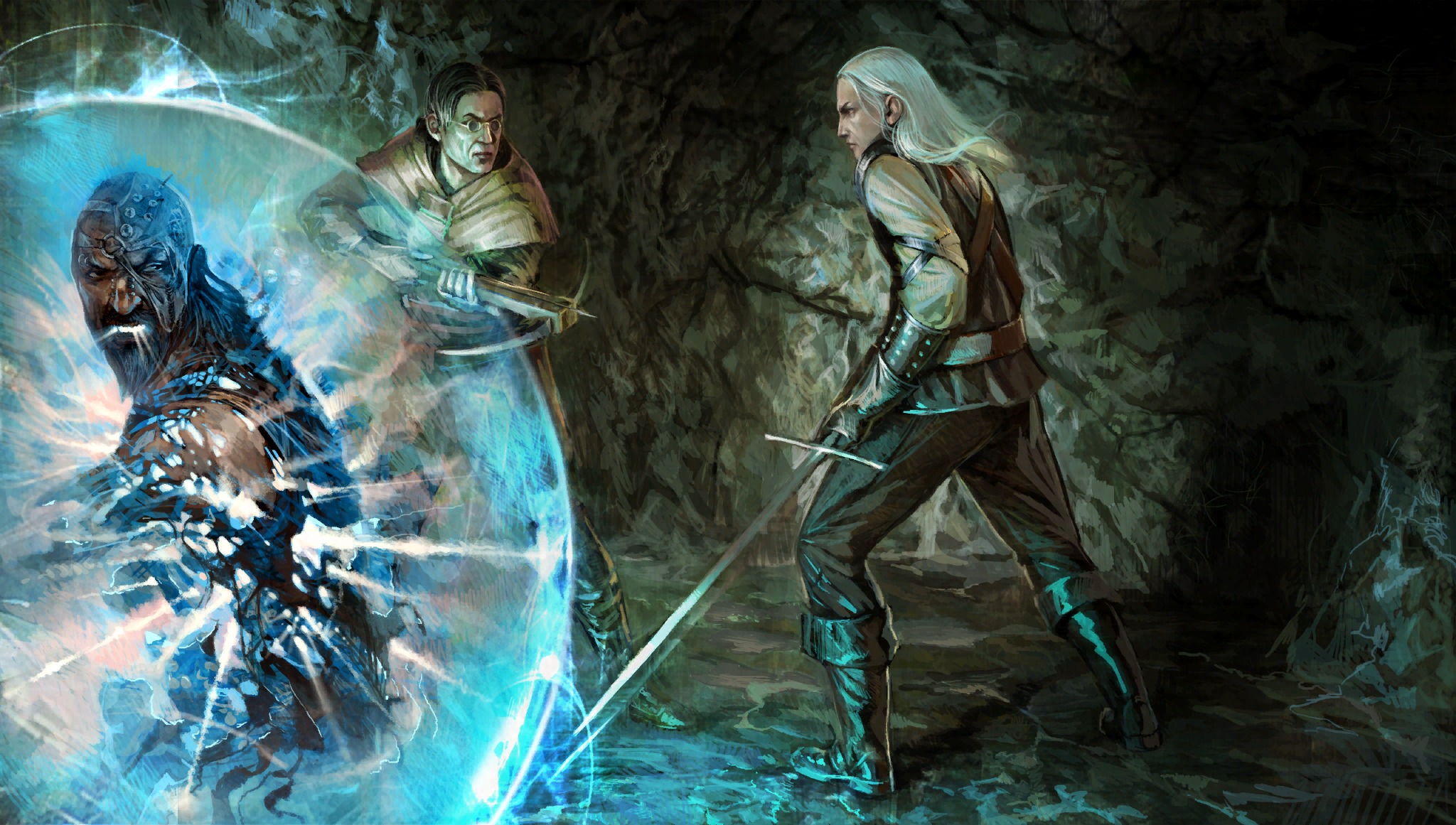 men, fantasy, art, witcher, cave, witch, sorcerer, crossbow Panoramic Wallpaper