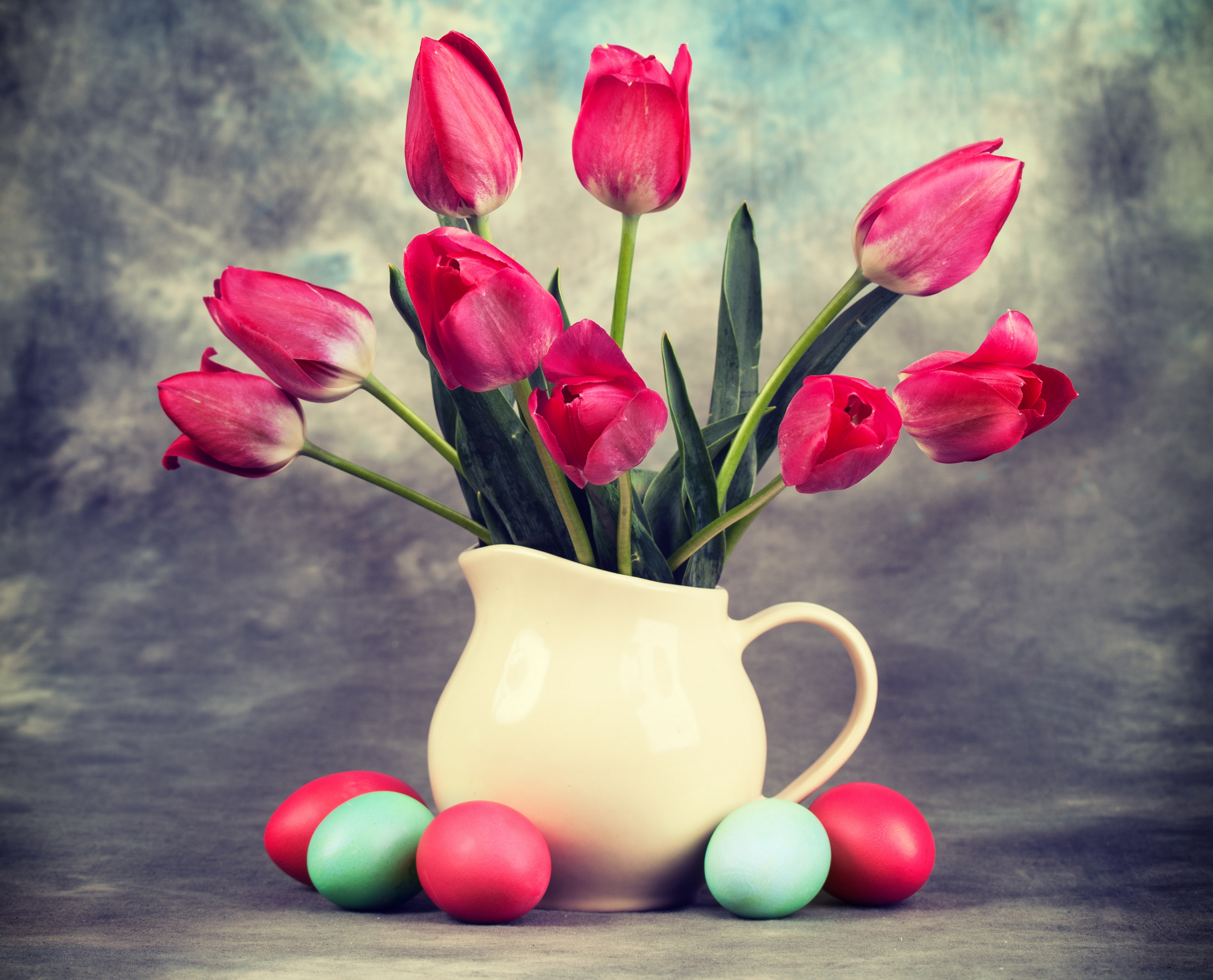 Download mobile wallpaper Easter, Still Life, Holiday, Tulip, Pink Flower, Easter Egg, Pitcher for free.