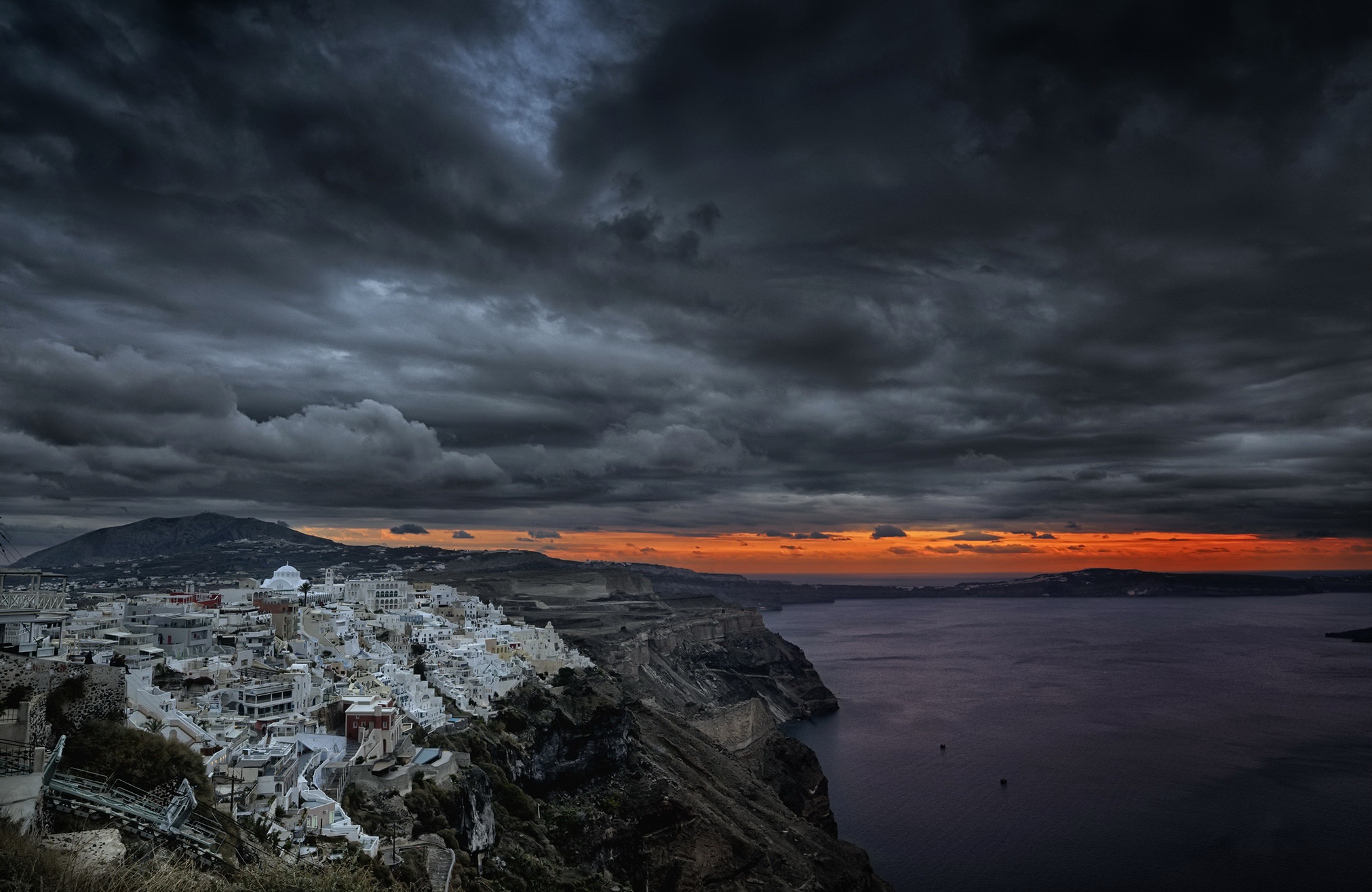 Free download wallpaper Sunset, Sea, Coast, Greece, Santorini, Man Made, Towns on your PC desktop