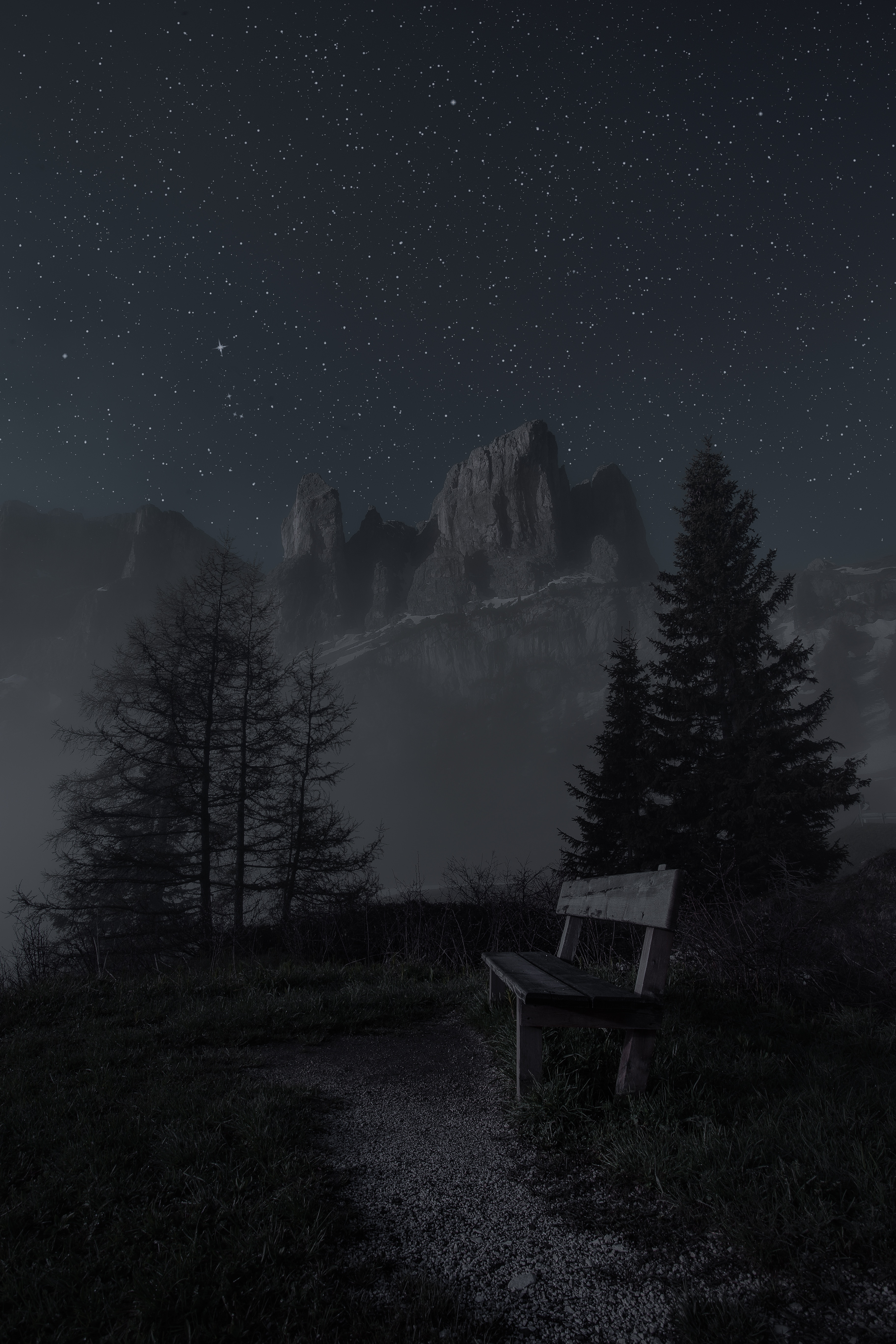 overview, landscape, dark, bench, trees, mountains, night, starry sky, review
