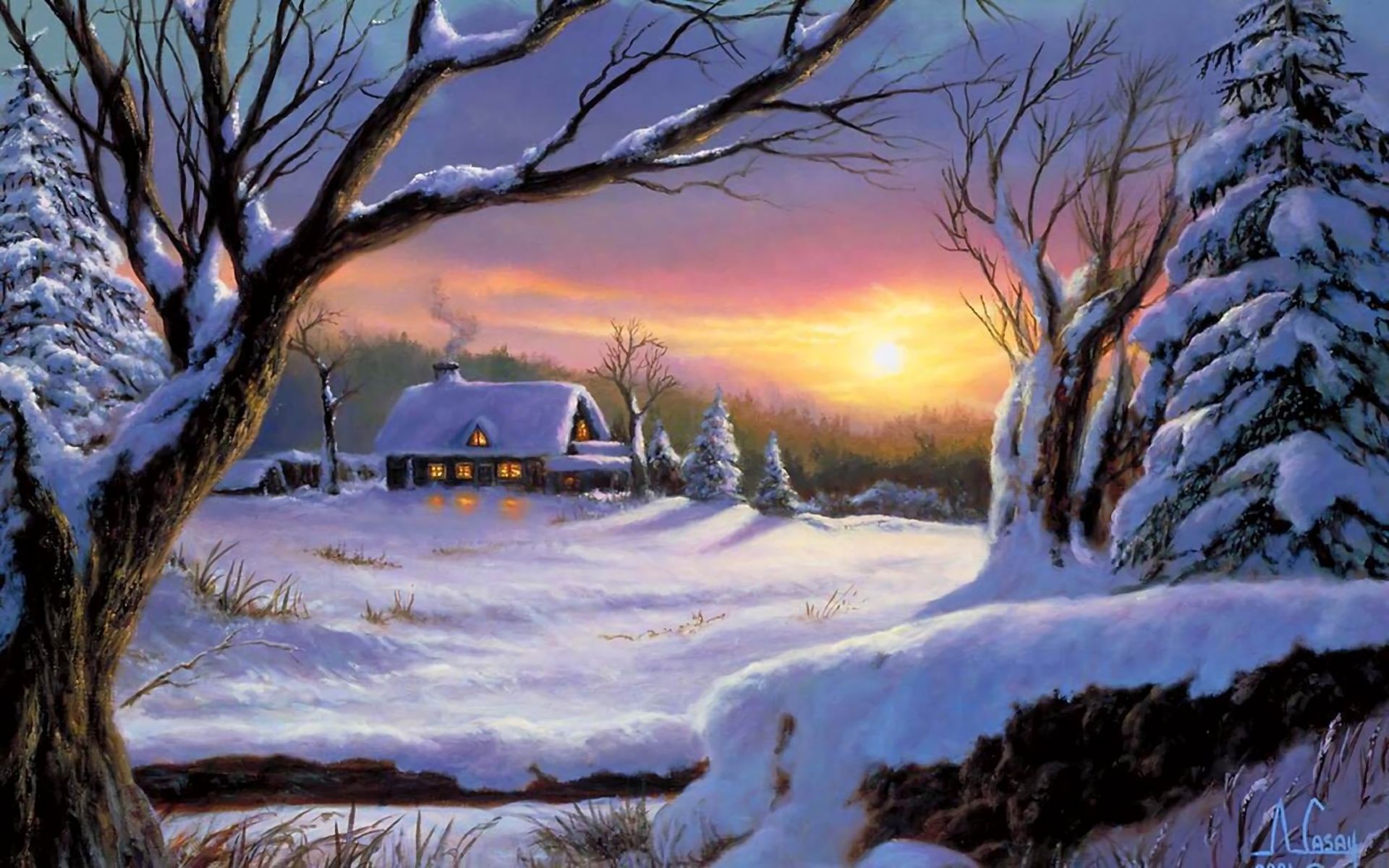 Free download wallpaper Winter, Snow, Tree, House, Artistic on your PC desktop