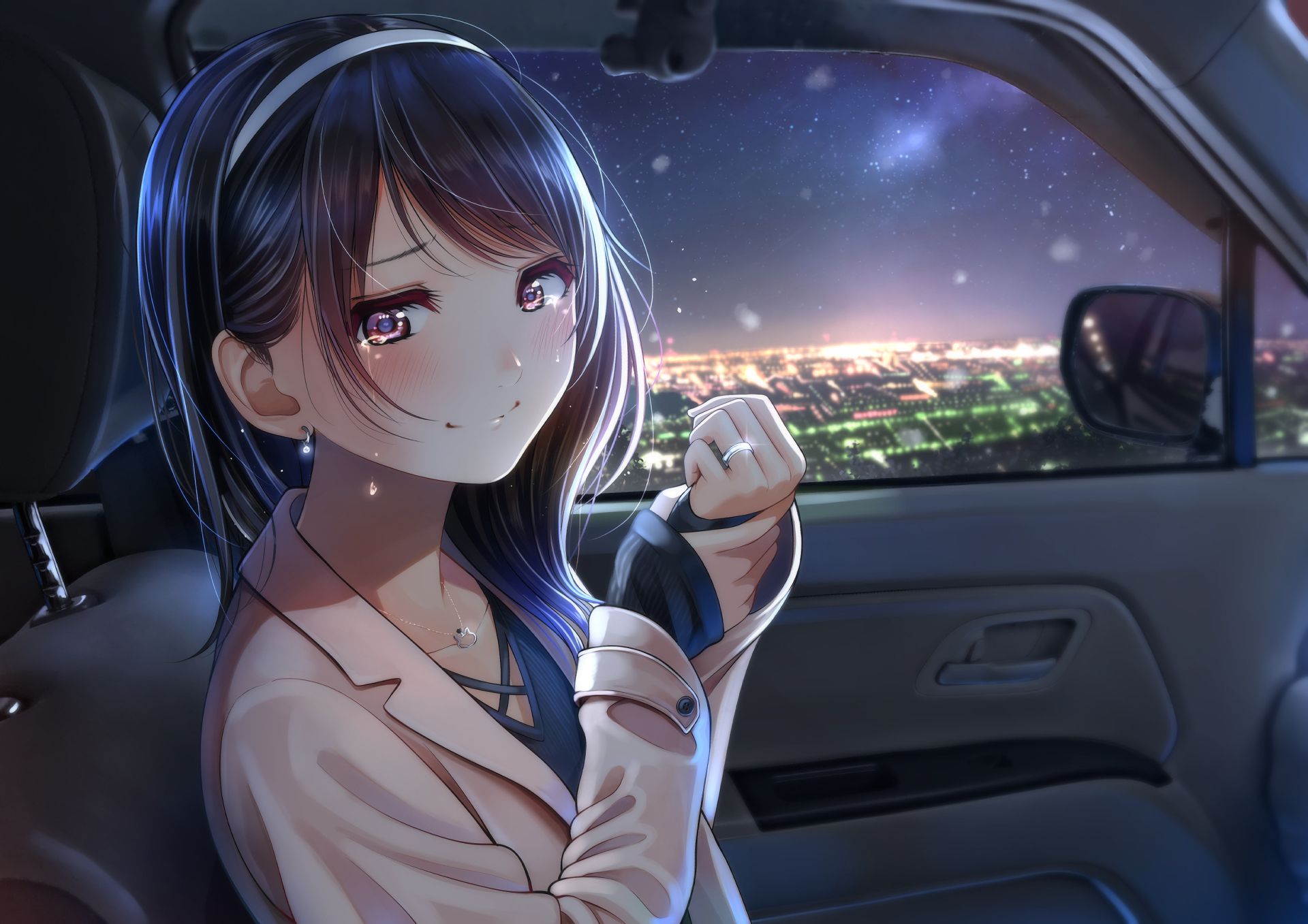 Download mobile wallpaper Anime, City, Car, Starry Sky, Tears, Original for free.