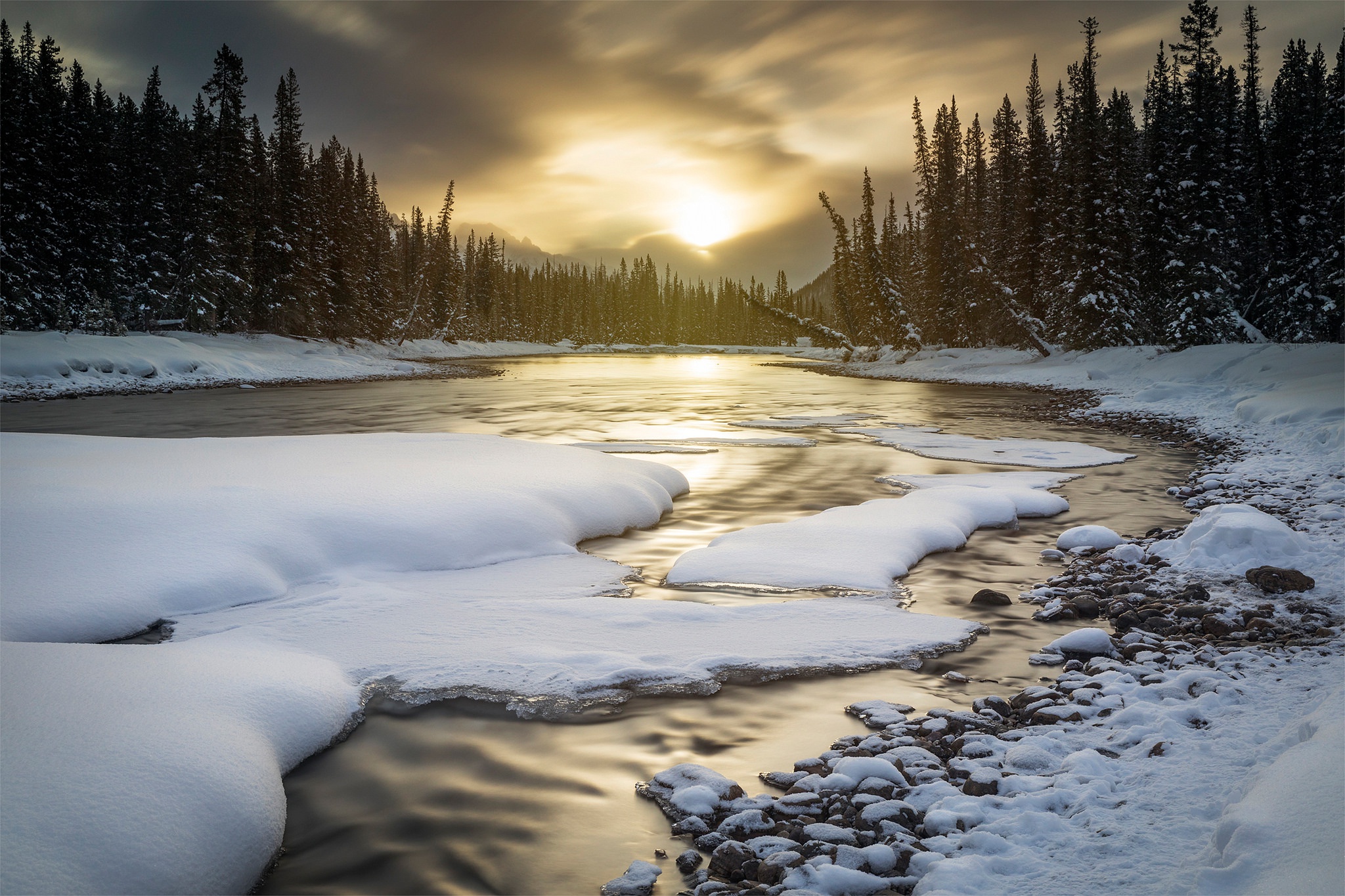 Free download wallpaper Winter, Nature, Snow, Sunrise, Earth, River on your PC desktop