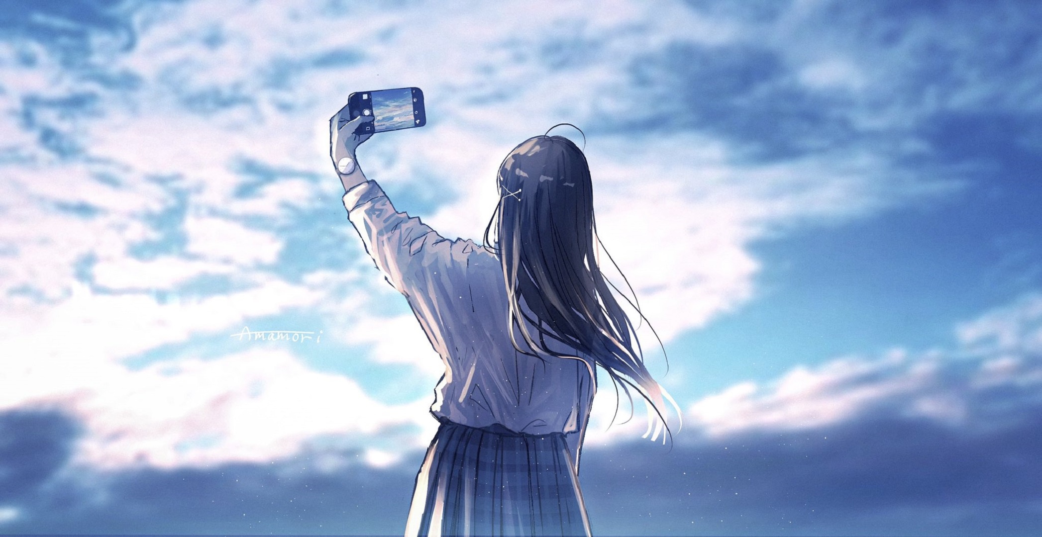 girl, anime, cloud, phone, selfie, sky wallpaper for mobile