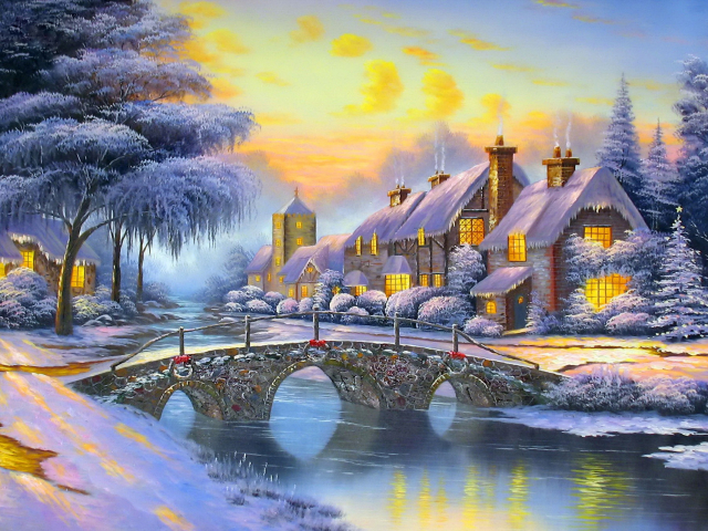 Free download wallpaper Winter, Snow, House, Village, Bridge, Artistic on your PC desktop