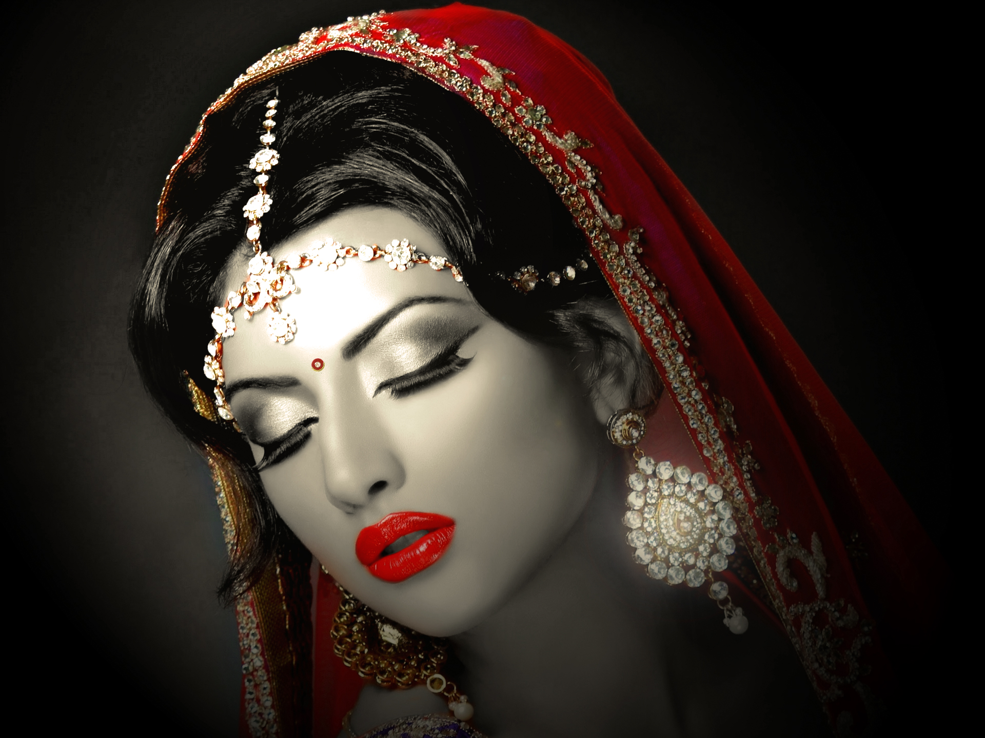 makeup, women, face, bindi, bride, brunette, earrings, lipstick