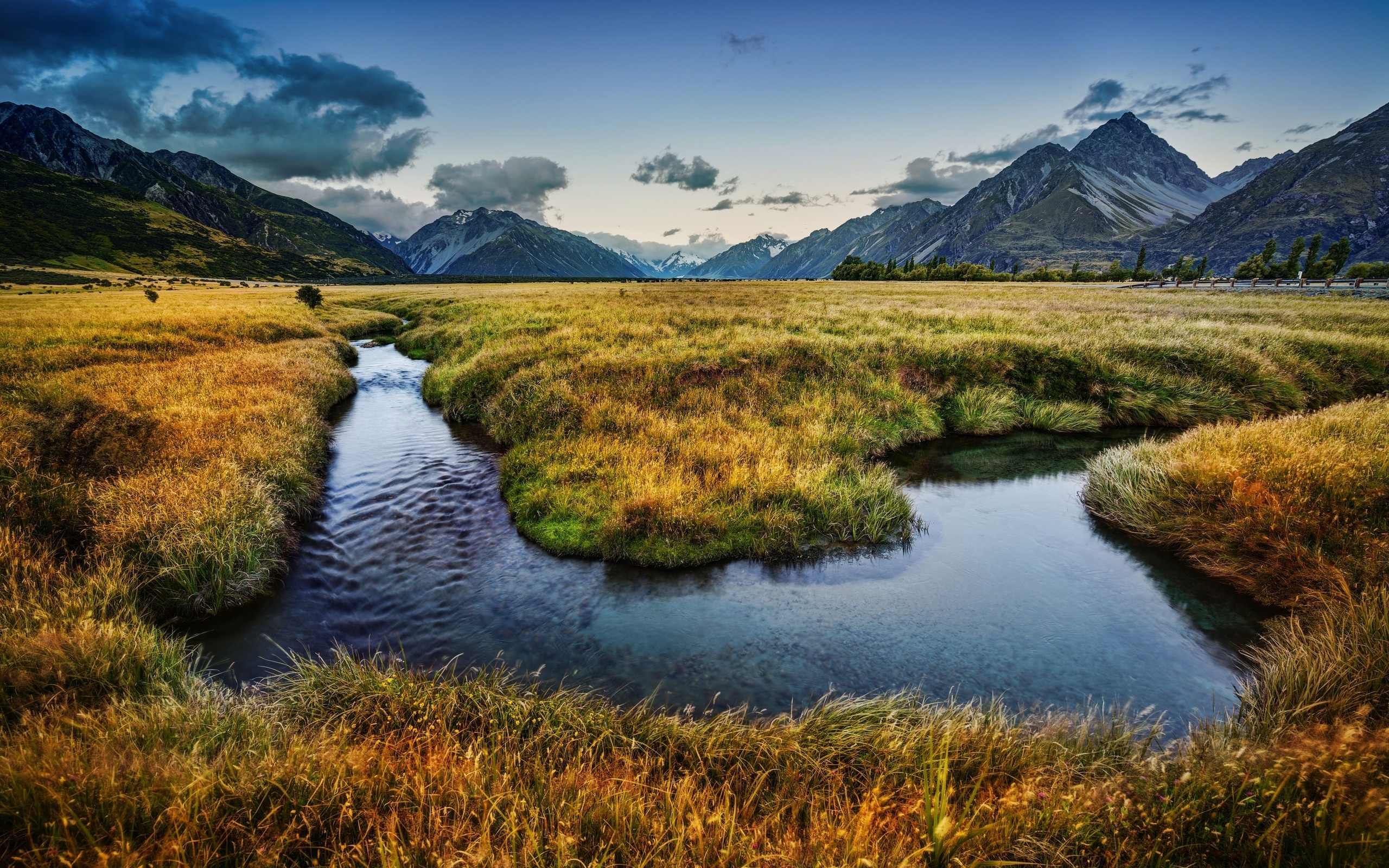 Download mobile wallpaper Landscape, Mountain, New Zealand, Earth, Meadow, River for free.