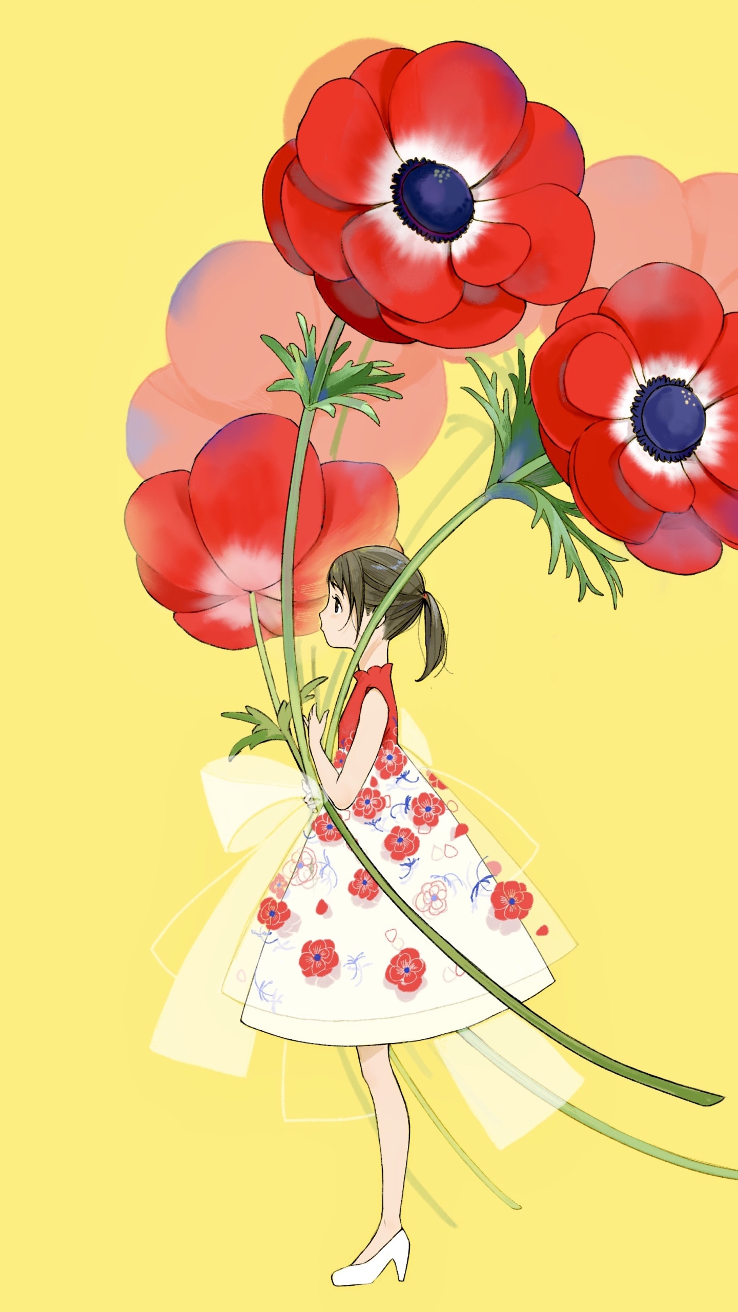 Download mobile wallpaper Anime, Flower, Poppy, Original, Black Hair, Short Hair, Bow (Clothing) for free.