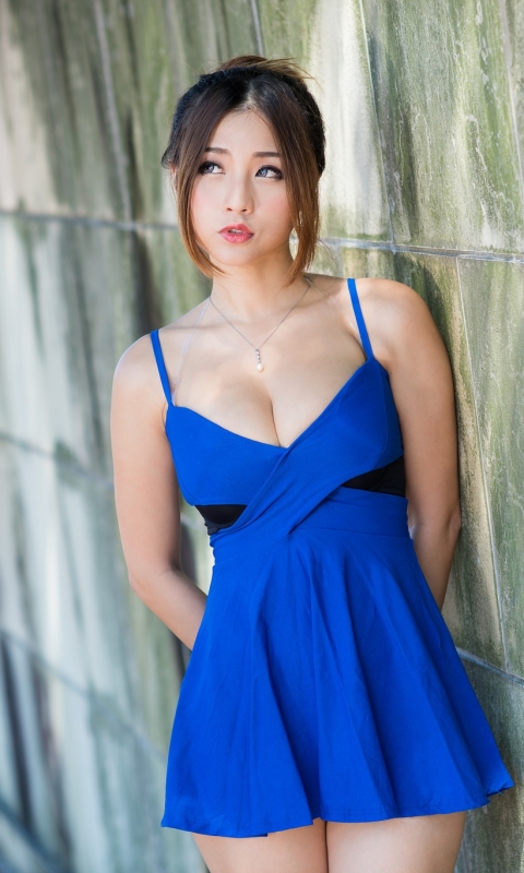Download mobile wallpaper Brunette, Model, Women, Asian, Blue Dress for free.