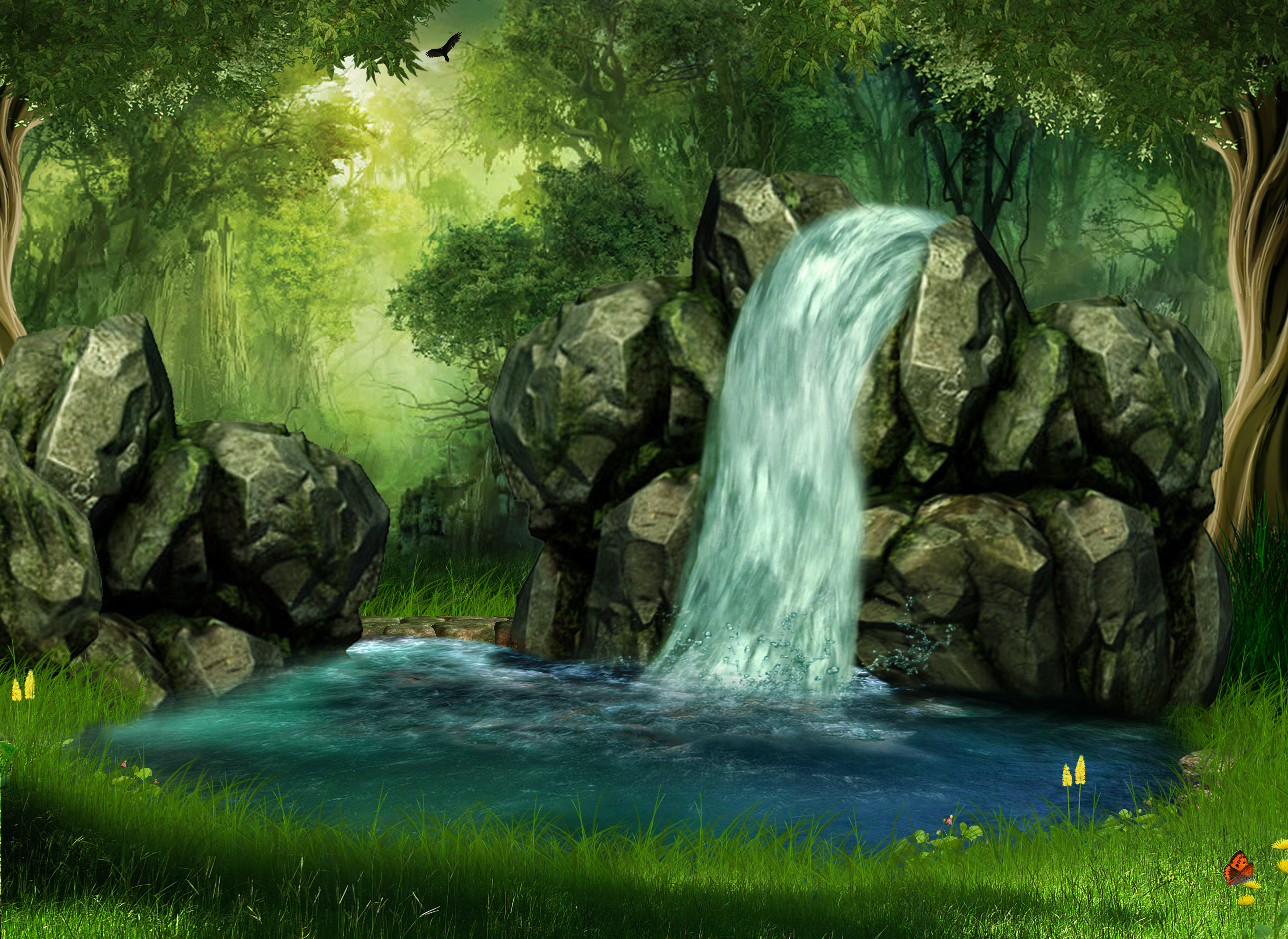 Free download wallpaper Waterfall, Forest, Tree, Pond, Artistic on your PC desktop