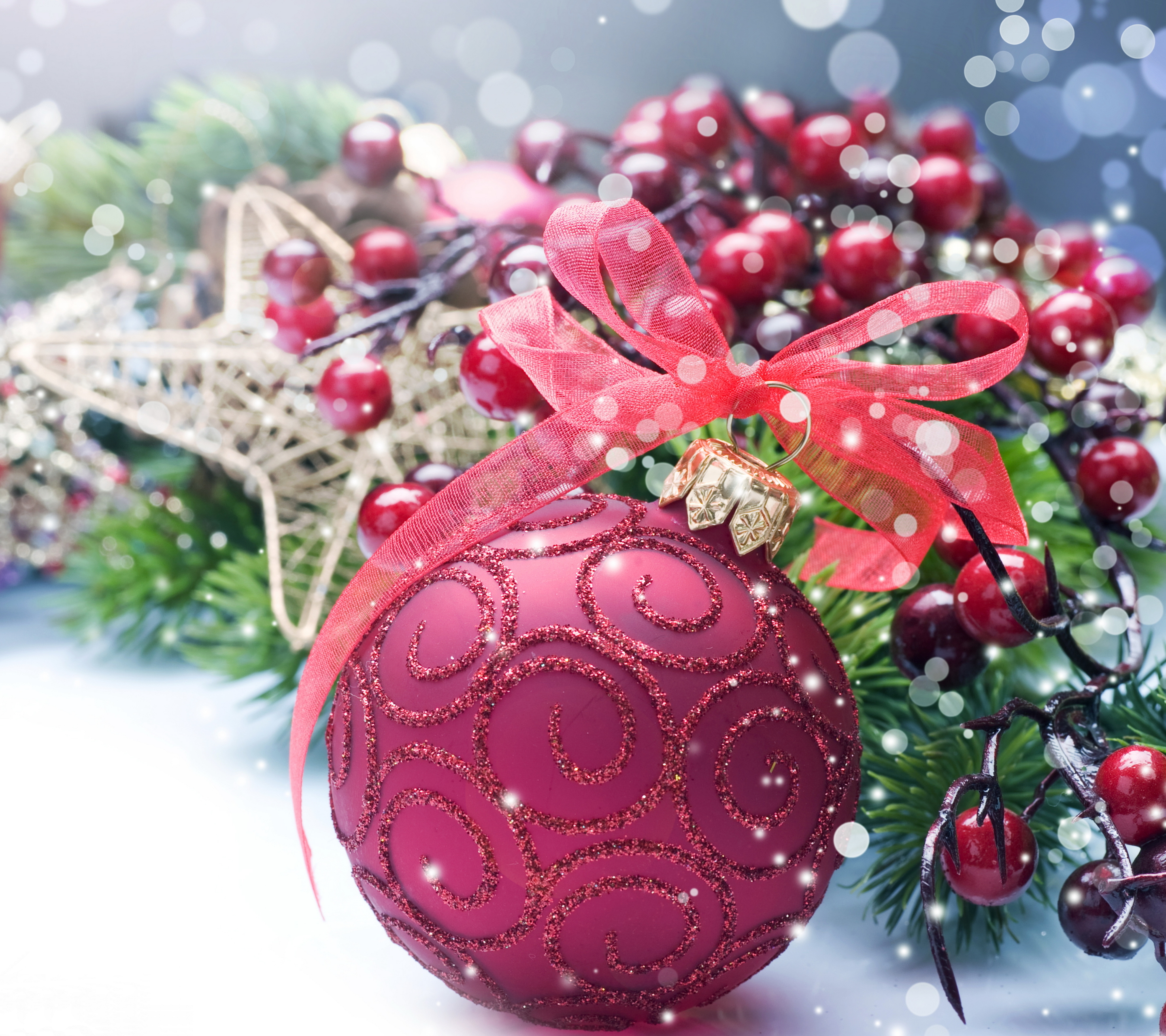 Download mobile wallpaper Christmas, Holiday, Bokeh, Ribbon, Christmas Ornaments for free.