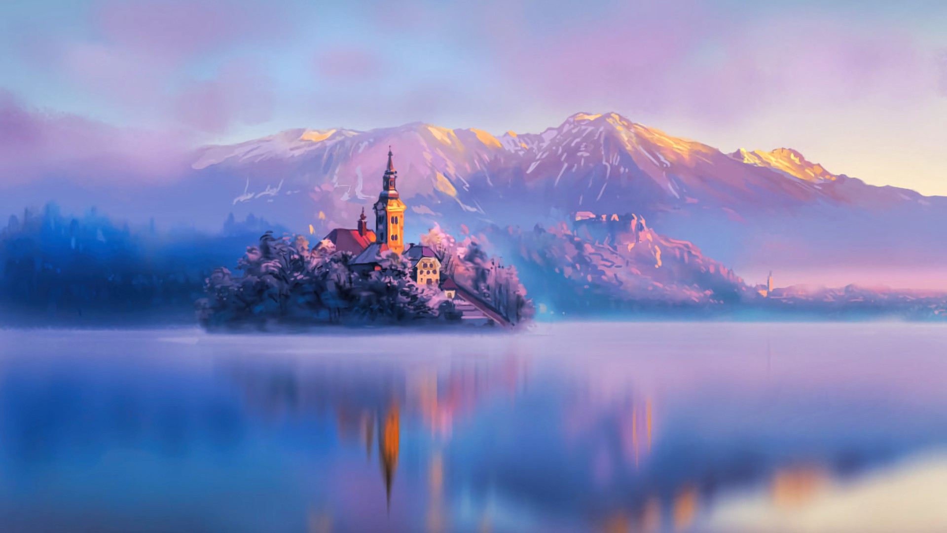 winter, religious, assumption of mary church, cloud, fog, lake, mountain, slovenia, sunrise, churches