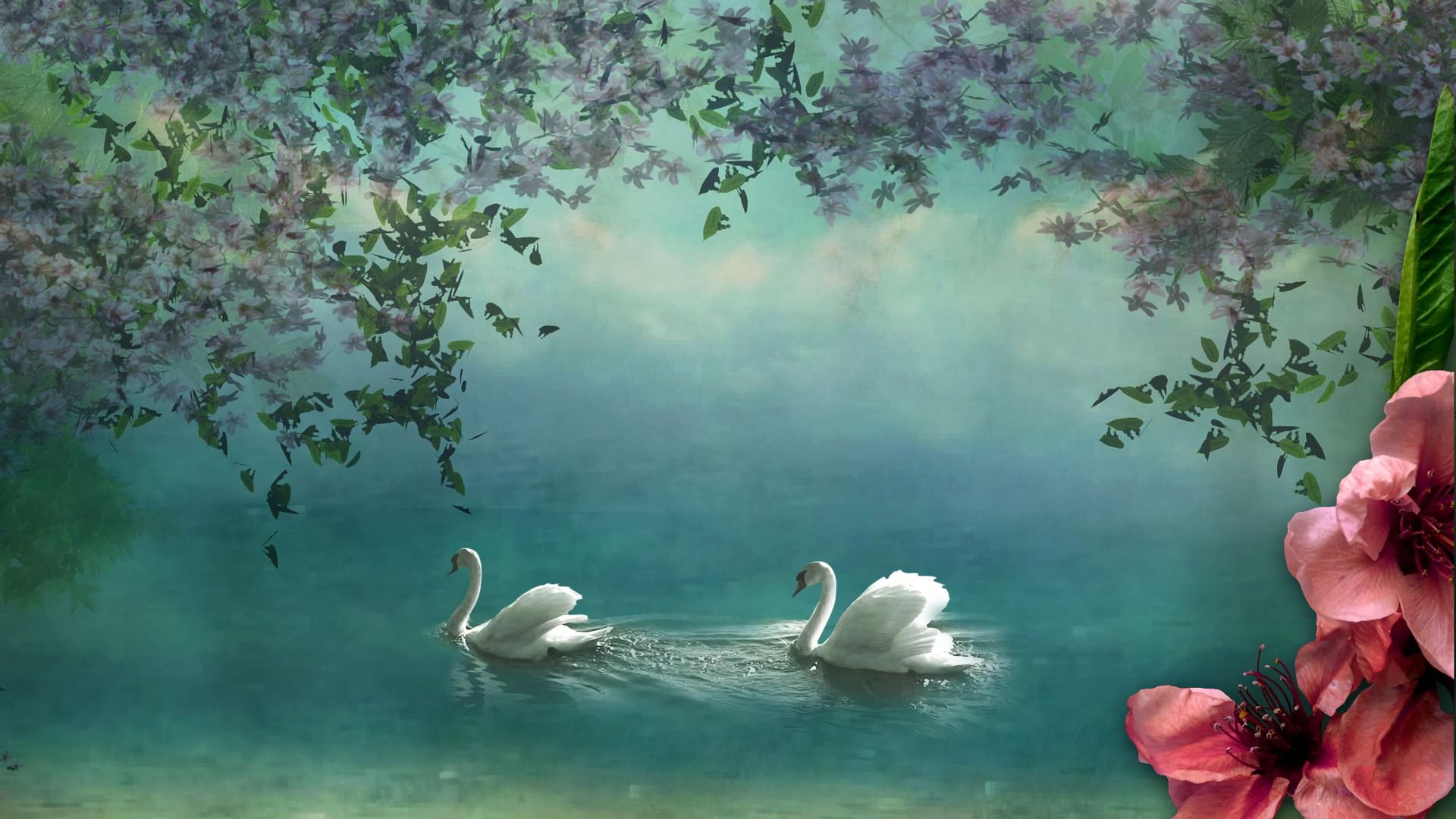 Download mobile wallpaper Birds, Lake, Flower, Tree, Animal, Swan for free.