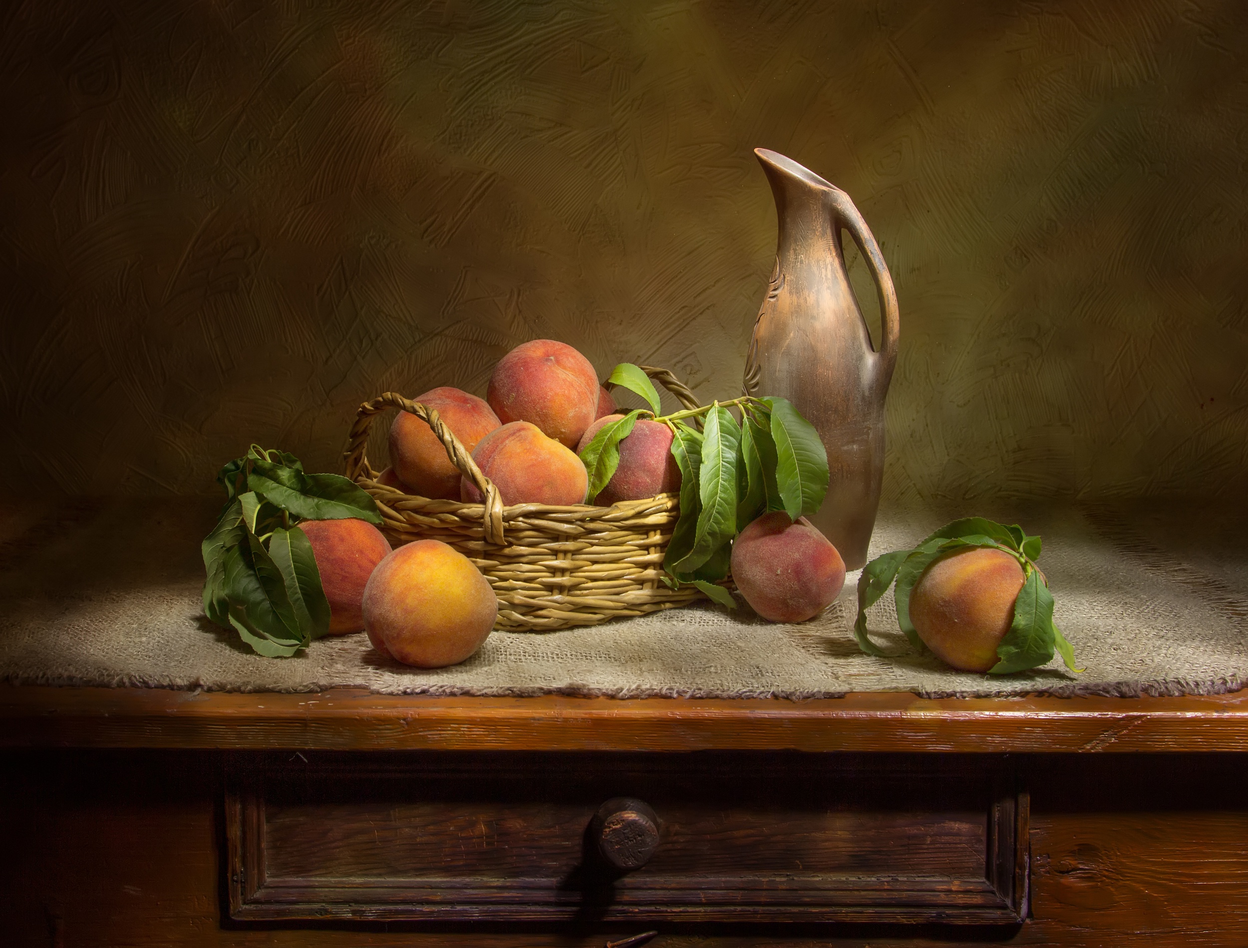 Download mobile wallpaper Food, Still Life, Fruit, Basket, Peach, Pitcher for free.