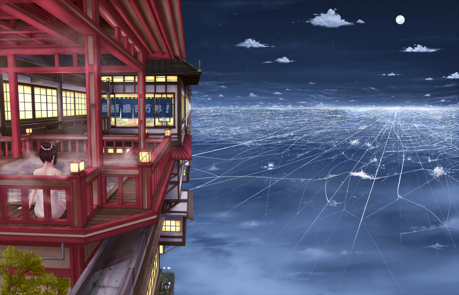 Free download wallpaper Anime, Moon, Building, Starry Sky, Spa on your PC desktop