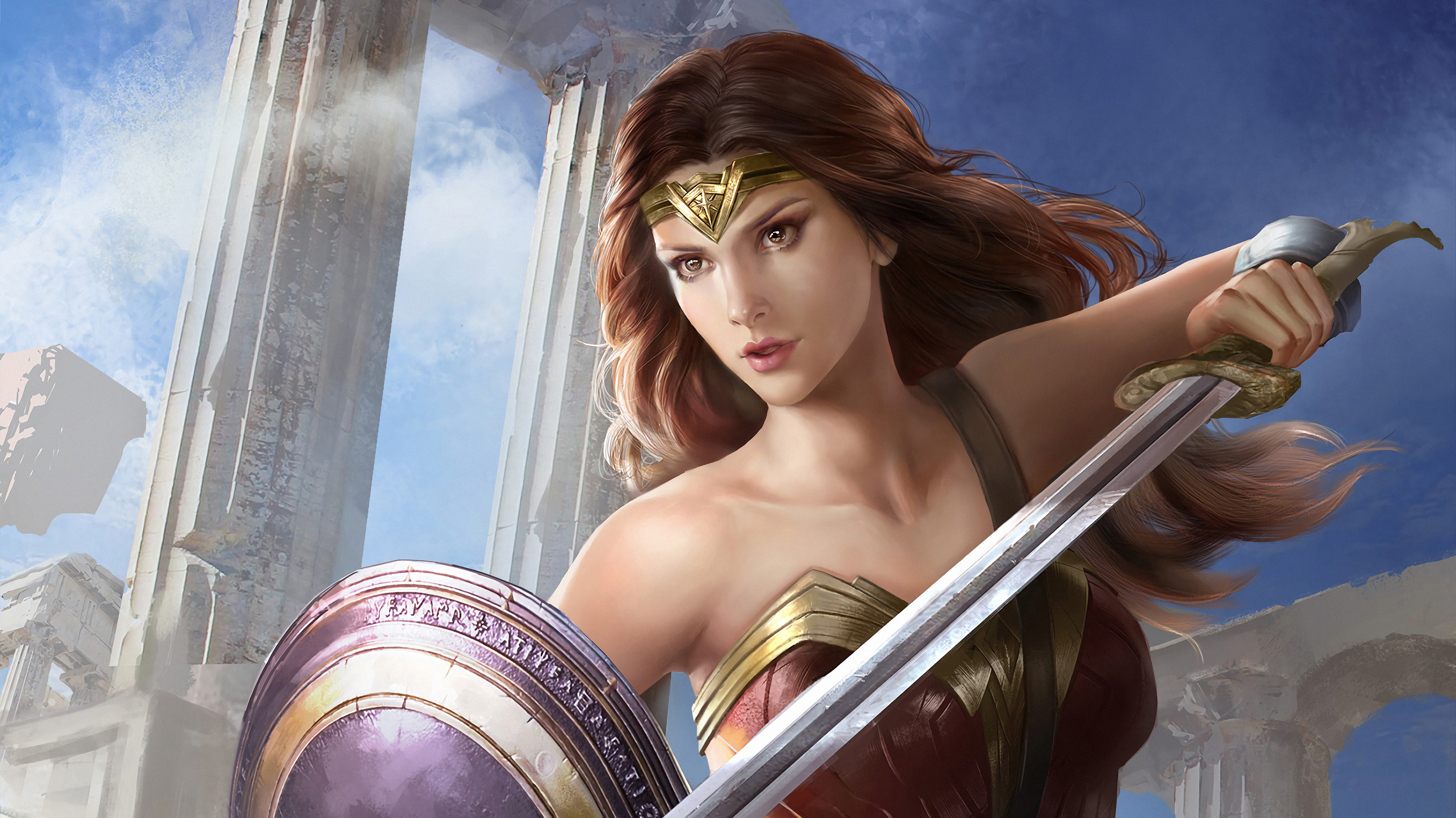 Download mobile wallpaper Sword, Comics, Brown Hair, Dc Comics, Woman Warrior, Wonder Woman for free.