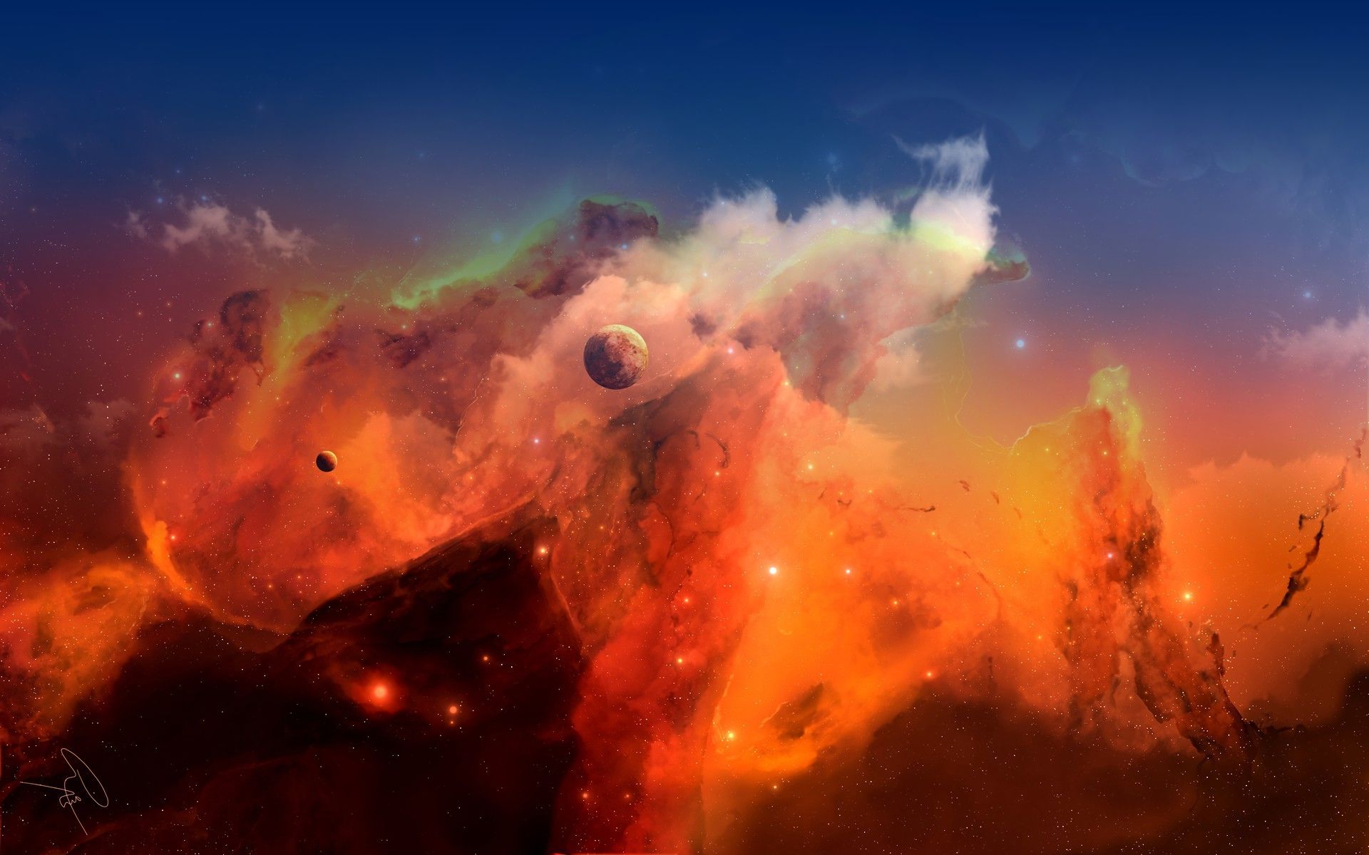 Laden Sie das Nebel, Planet, Science Fiction, Weltraum, Orange Farbe)-Bild kostenlos auf Ihren PC-Desktop herunter