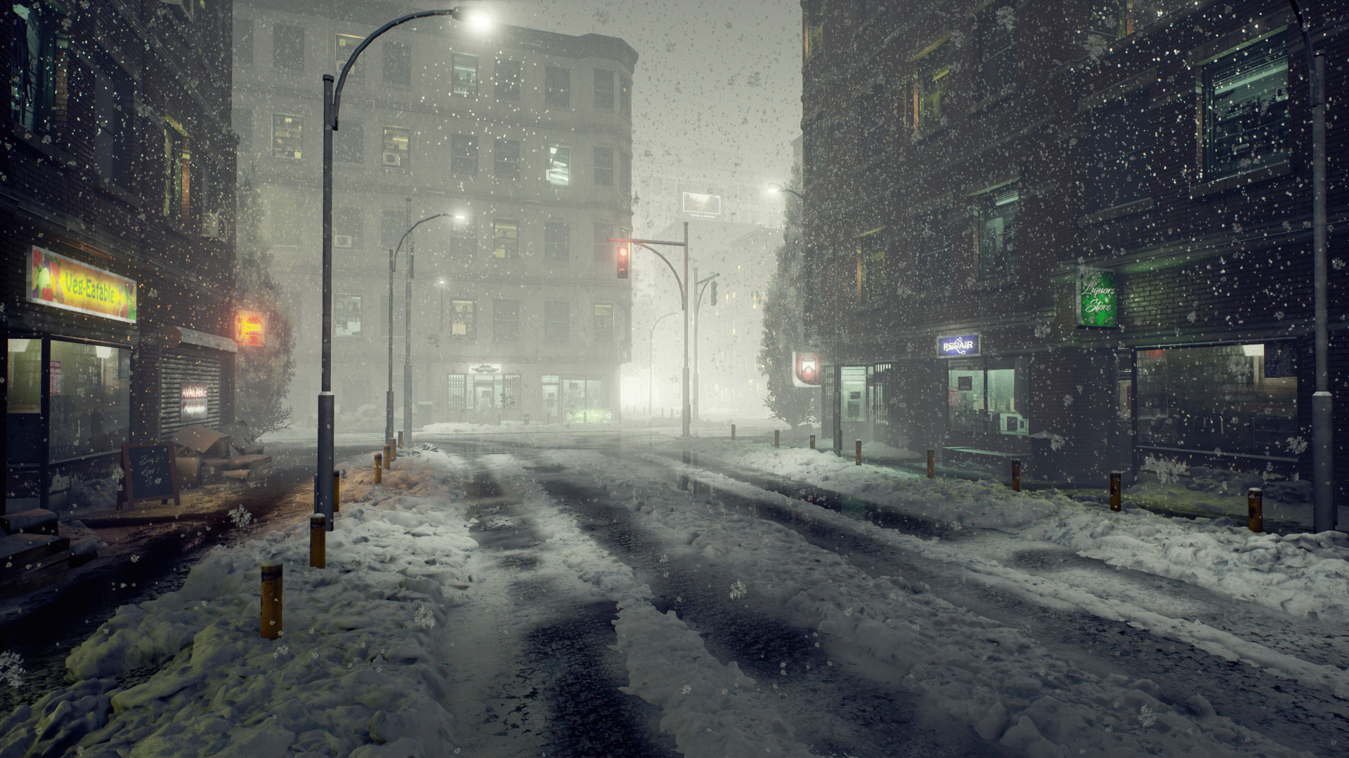 Free download wallpaper Winter, Snow, City, Road, Street, Artistic, Snowfall on your PC desktop