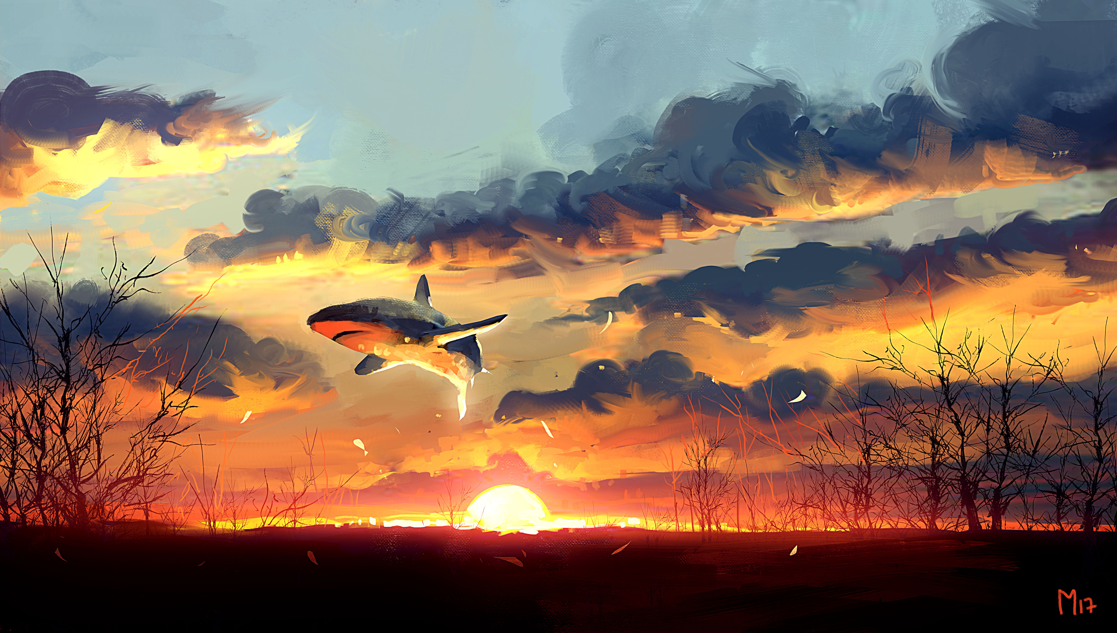Download mobile wallpaper Sunset, Sky, Artistic, Cloud, Shark for free.